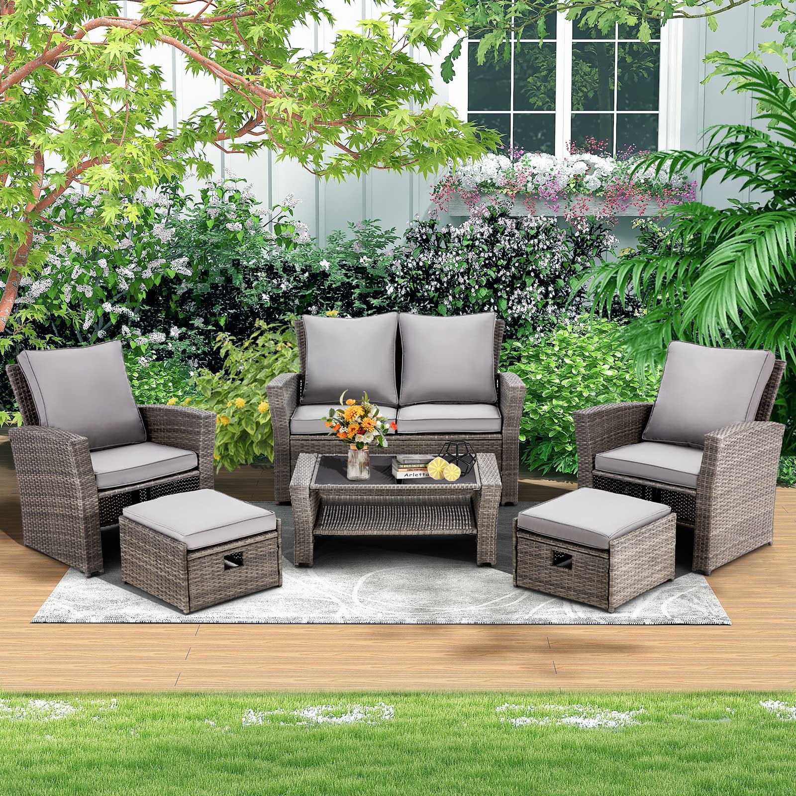 GYUTEI 6-Piece Outdoor Patio Furniture Set - Dark Gray Rattan Sectional Sofa with Ottoman & Storage Table - Weather-Resistant Garden, Porch, Backyard Conversation Set for Relaxing & Entertaining