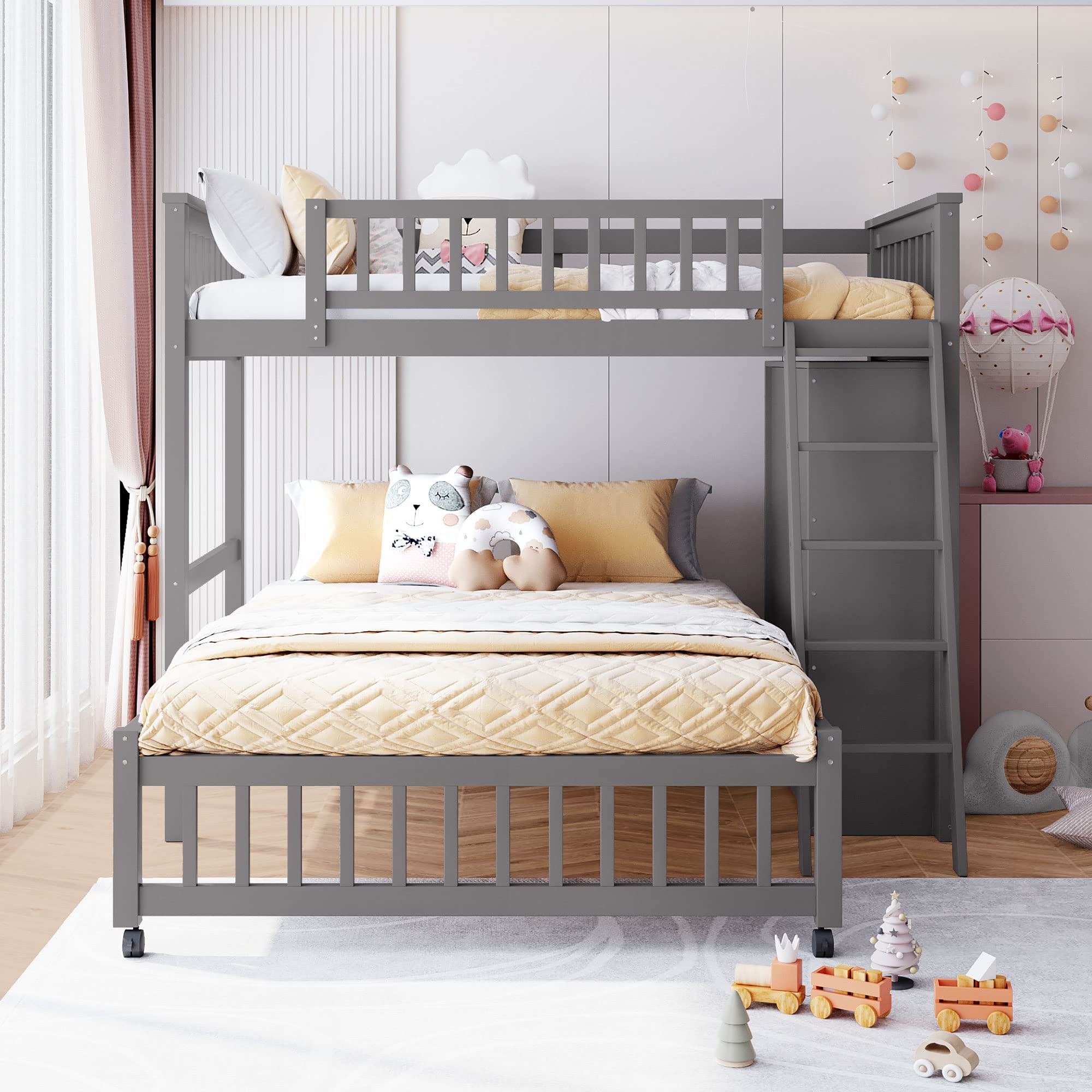 Twin Over Full Bunk Bed with Storage - Solid Wood Bunk Bed with 6 Drawers & 3 Adjustable Shelves, Convertible Loft Bed with Rolling Lower Bed for Kids, Teens & Adults - Space-Saving Bedroom Solution for Small Rooms, Guest Rooms & Dormitories (Gray)