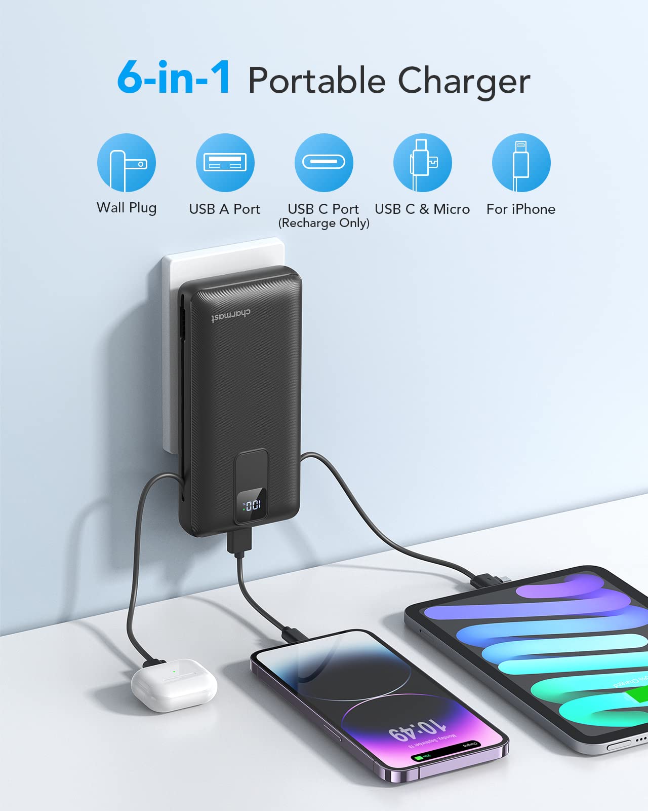 Charmast 20000mAh Portable Charger with Built-in Cables & Wall Plug - 20W Fast Charging Power Bank for iPhone 16/15/14/13, Samsung Galaxy, Google Pixel, iPad - Perfect for Travel, Camping, and Emergency Power Backup