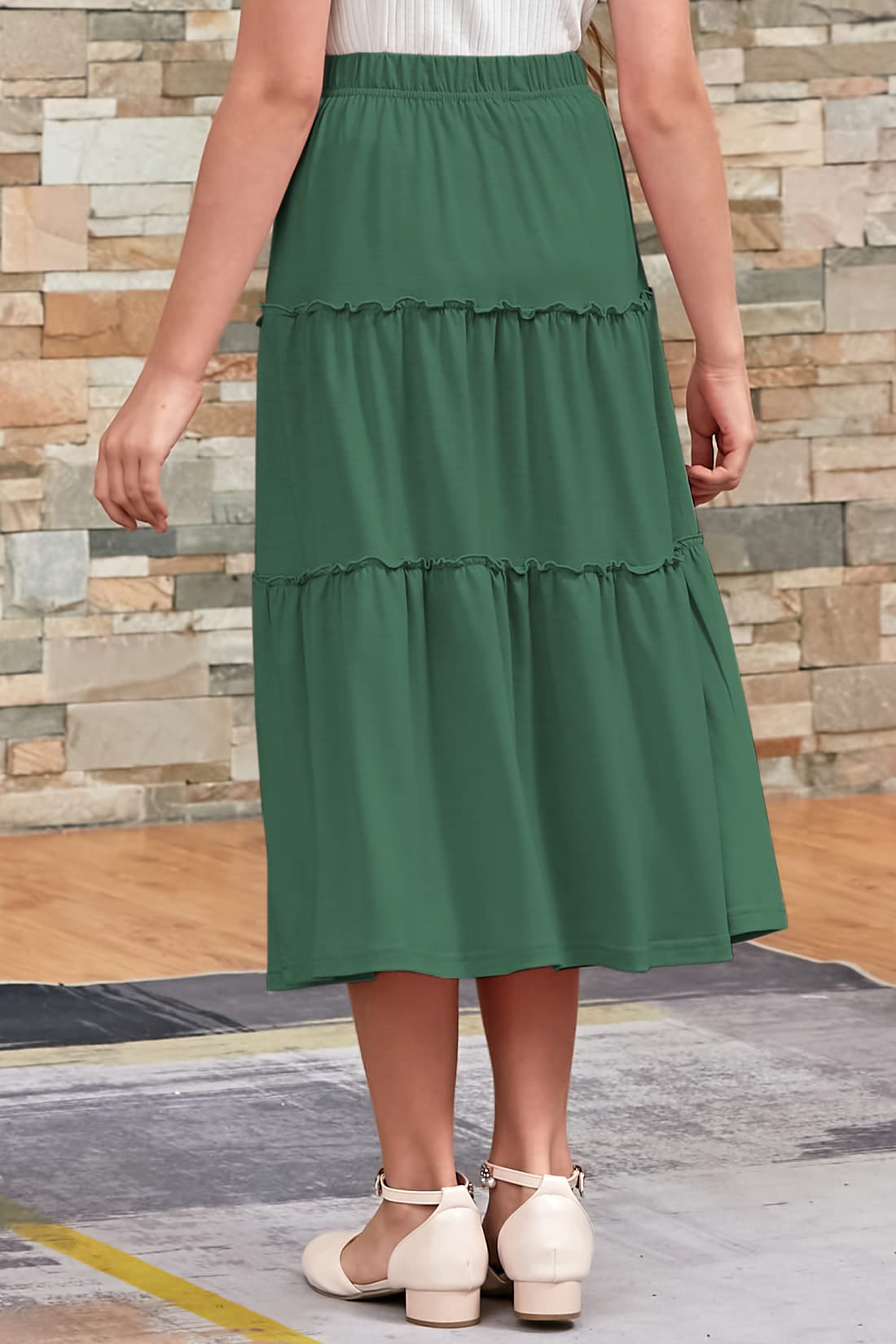 GORLYA Girls Bohemian Casual Elastic High Waist Tiered Ruffle Hem Long Swing Maxi Skirt for Kids 4-14 Years - Perfect for Beach Vacations, Summer Outfits & Boho Fashion