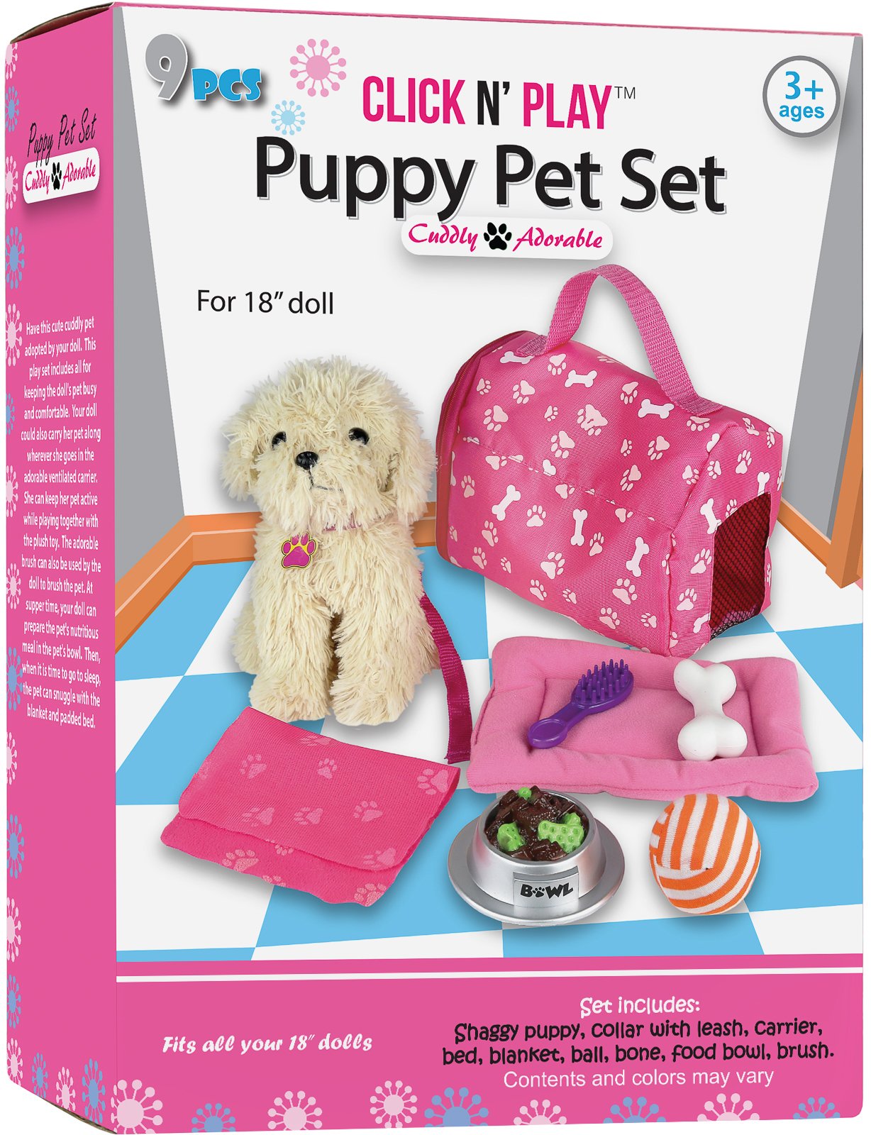 Click N' Play Interactive Toy Puppy Set with Dog Bed - Cute Plush Puppy Toys for Toddlers & Kids Ages 3+ | Perfect Gift for 3 Year Old Girls | Pretend Play, Role Play & Imaginative Play Scenarios