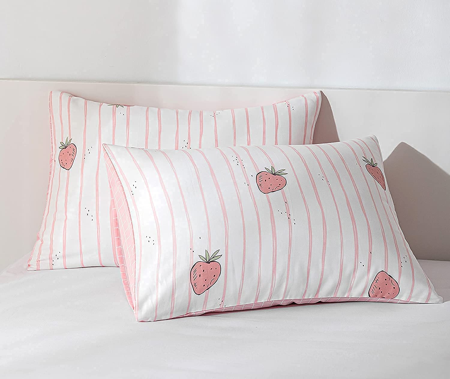 Strawberry Print Pillowcase Set - 2 Pack 20x26 Inch Kawaii Cute Cotton Pillow Covers for Kids, Teens, Boys & Girls - Envelope Closure Decorative Bedding Accessories for Bedroom, Dorm, Nursery & Home Decor