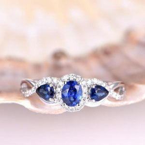 Blue Sapphire Engagement Ring for Men – 4x5mm Oval & 3x4mm Pear Cut Lab-Grown Sapphire with Diamonds in 14K White Gold – Perfect for Proposals, Weddings & Anniversary Gifts