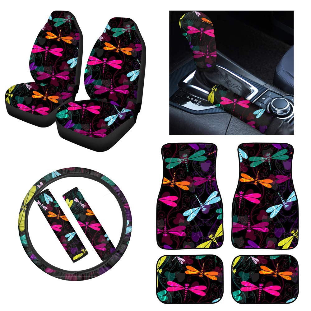 Dragonfly Car Floor Mats Set with Front Seat Cover, Steering Wheel Cover, Handbrake Cover, Gear Shift Cushion & Seat Belt Pads - Universal Custom Car Interior Accessories for Sedan, SUV, Truck | Waterproof & Anti-Slip Protection