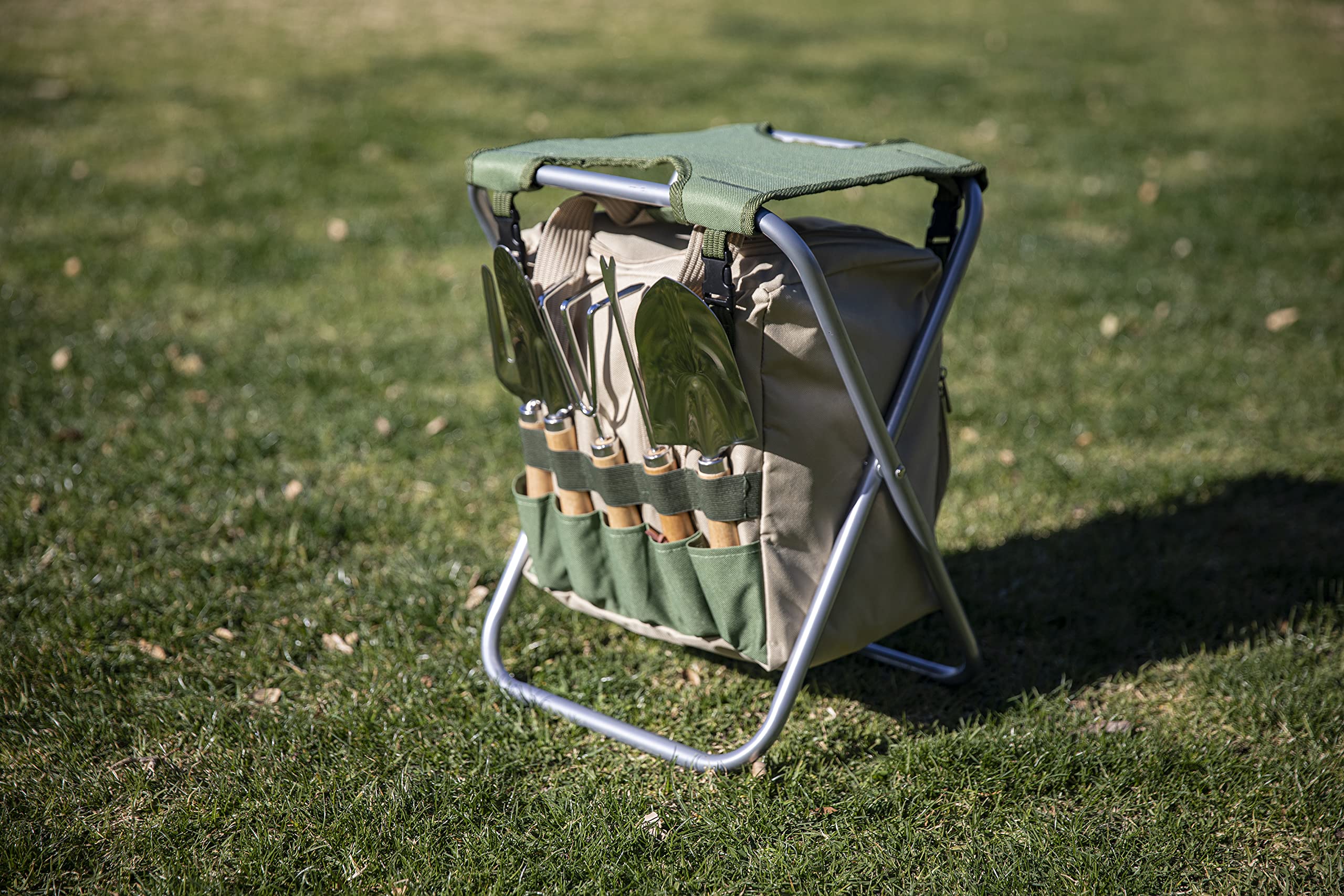 ONIVA - Picnic Time Brand Gardener Folding Seat with Tools | Portable Garden Stool with Detachable Storage Tote Bag | Garden Tools Set Organizer | Olive Green & Beige | Perfect for Outdoor Gardening, Picnics & Camping