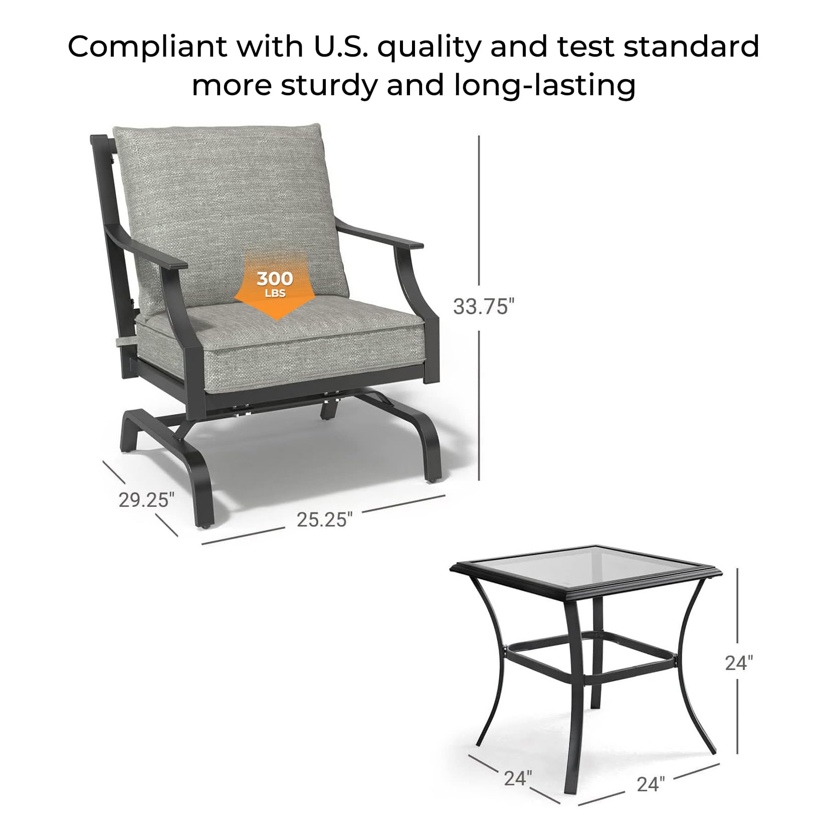 3-Piece Outdoor Patio Furniture Set with Glider Rocking Chairs, Gray Cushions & Square Coffee Table - Perfect for Garden, Lawn, Poolside & Backyard Relaxation