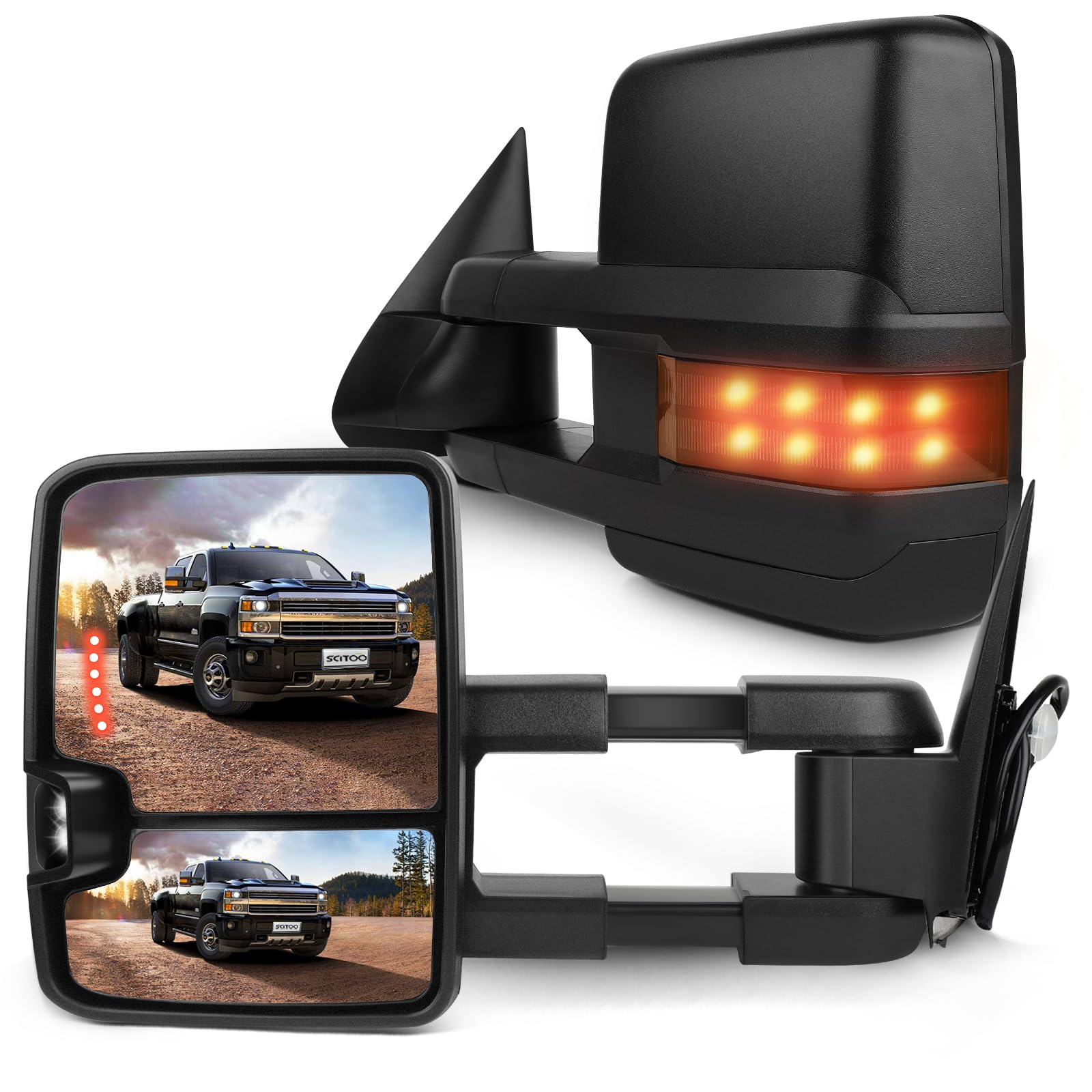 SCITOO Manual Telescoping & Folding Towing Mirrors - Compatible with 1988-1998 Chevy/GMC C/K 1500 2500 3500 & 1992-1999 Suburban/Tahoe/Yukon - Power Control Non-Heated - Perfect for Towing Trailers, Boats & RVs