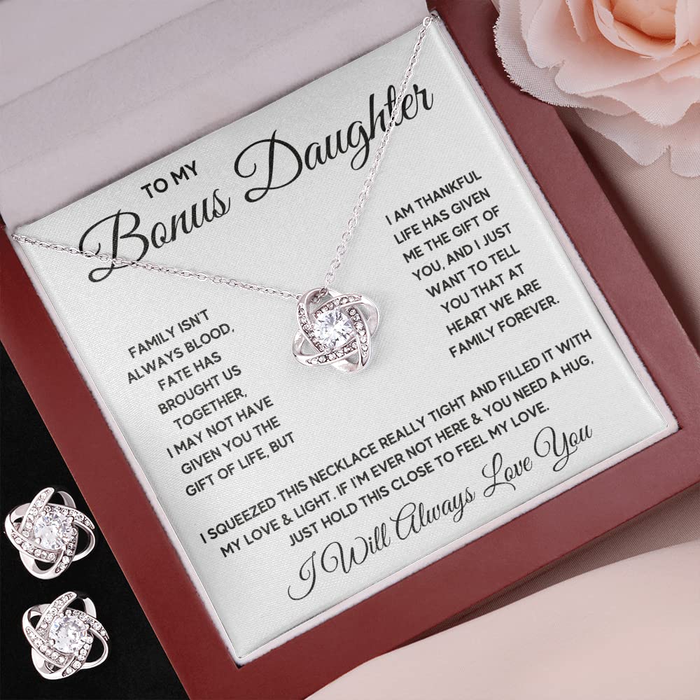 OC9 Sterling Silver Daughter Necklace - Inspirational Birthday, Graduation & Christmas Gift for Stepdaughter, Goddaughter - Includes Engraved Message Card & LED Jewelry Box (Earrings & Knot Charm) - Perfect for Special Occasions & Heartfelt Moments