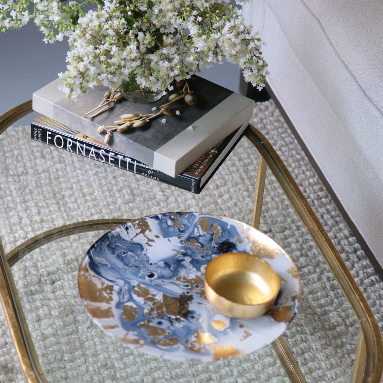 Beatriz Ball New Orleans Blue and Gold Marble Glass Round Serving Platter - Elegant Large Party Tray for Entertaining, Dining & Home Decor