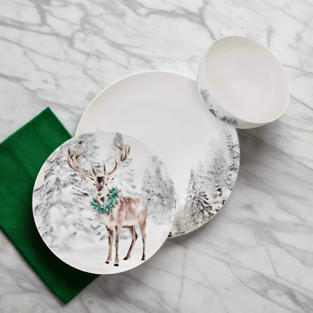 Woodsy Winter 12-Piece Dinnerware Set - Service for 4 - Elegant Porcelain Plates, Bowls & Mugs - Perfect for Holiday Dinners, Family Gatherings & Cozy Winter Meals