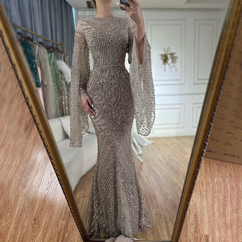Luxury Dubai Flared Sleeves Caramel Beaded Saudi Arabic Mermaid Evening Dress Gown for Women - Formal Occasion Wedding Party Prom Night LA72771