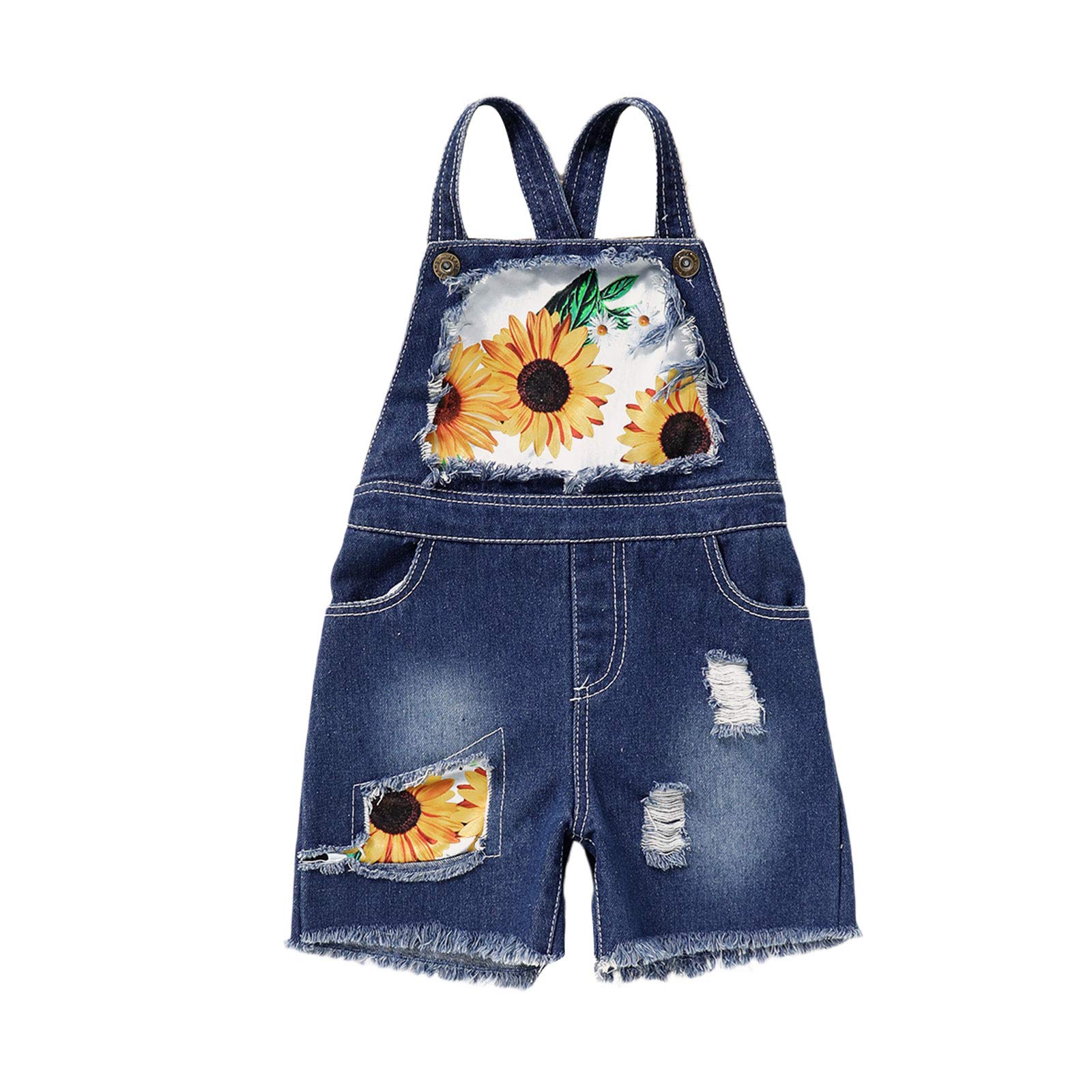 Girls' Sunflower Print Denim Overalls Rompers with Suspenders & Pockets - Toddler One-Piece Outfit for Playdates & Summer Adventures
