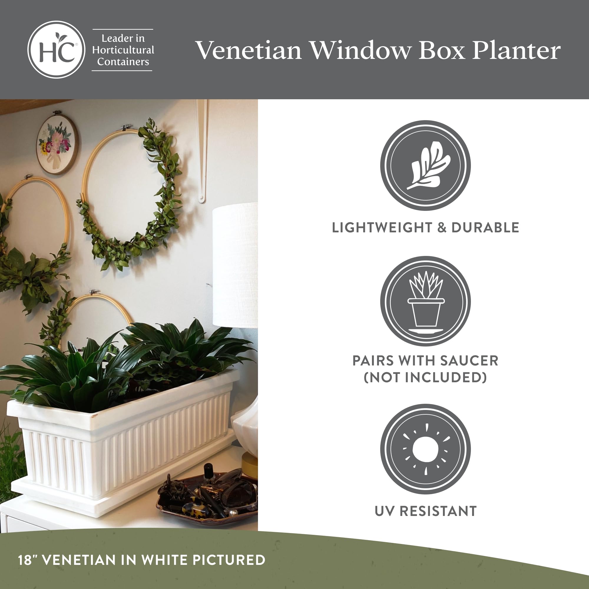 The HC Companies 30 Inch Venetian Rectangular Window Planter Box - Lightweight Plastic Indoor Outdoor Plant Pot with Drainage Holes for Windowsill, Herbs, Flowers, Succulents - Perfect for Balcony, Patio, Garden, and Home Decor