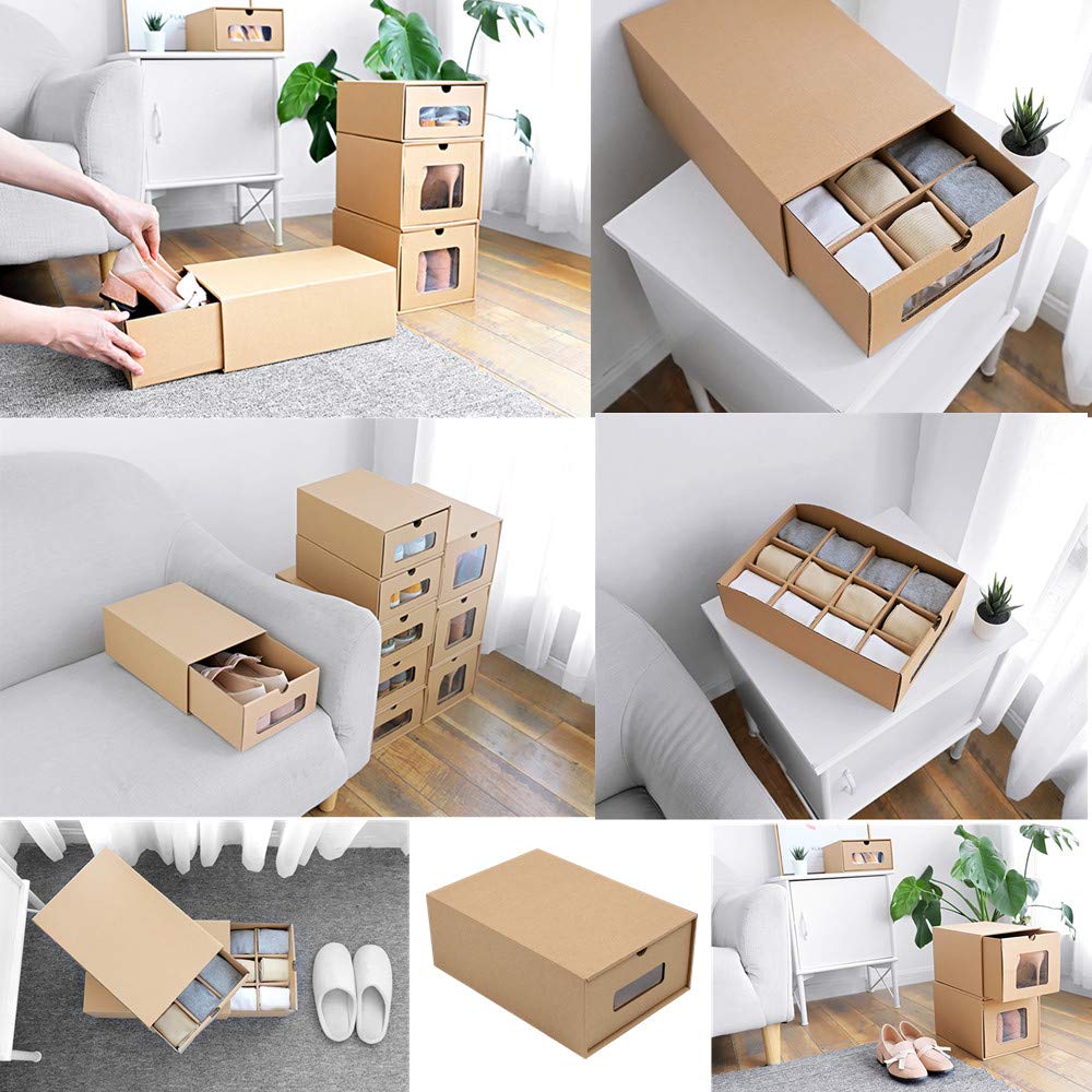 DIY Clear Shoe Storage Boxes - 10 Pack with Dividers for Organizing Shoes, Socks & Underwear | Stackable Cardboard Shoe Box Organizer for Closet, Bedroom & Dorm Room Storage Solutions