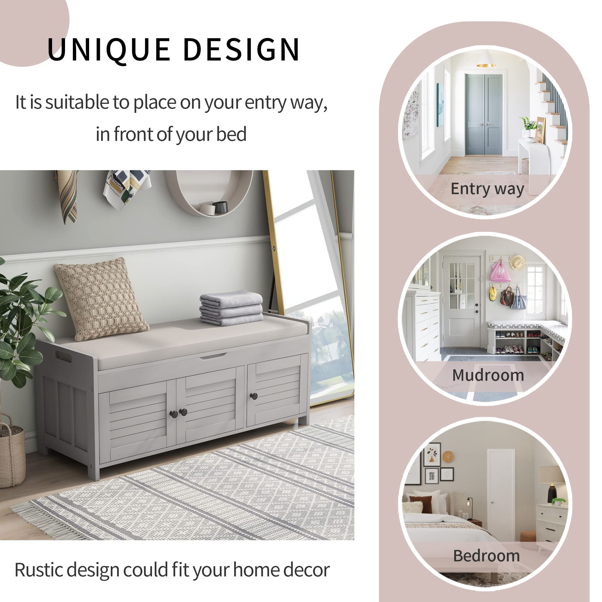 Harper & Bright Designs Solid Wood Storage Bench with 3 Shutter Doors, Removable Cushion & Hidden Compartment - Entryway Shoe Bench for Hallway, Living Room, Bedroom - Perfect for Organizing Shoes, Blankets & Home Decor