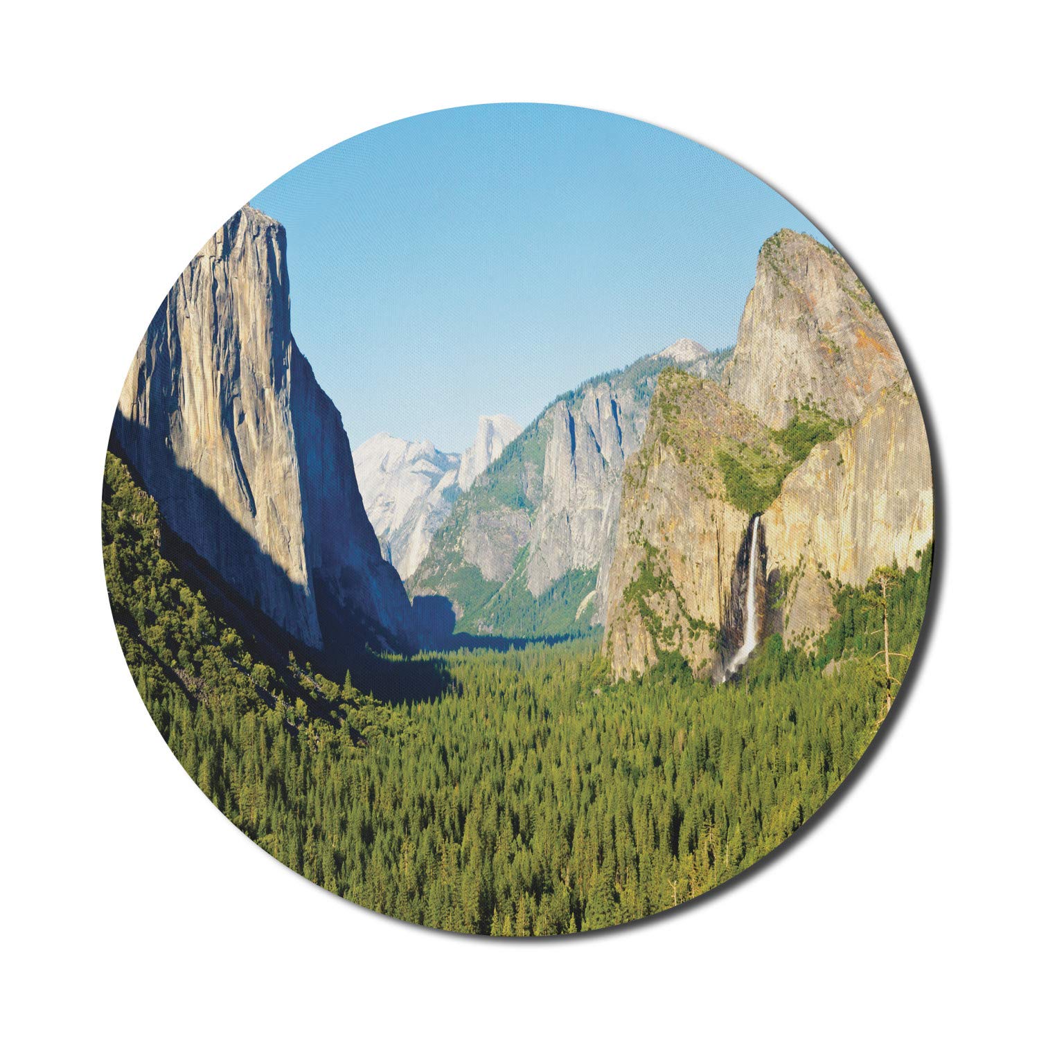 Ambesonne Yosemite Computer Mouse Pad - El Capitan Half Dome & Bridalveil Fall Landscape Print, Non-Slip Round Gaming Mousepad, 8 Inch, Olive Green & Sky Blue - Perfect for Office, Gaming & Home Use