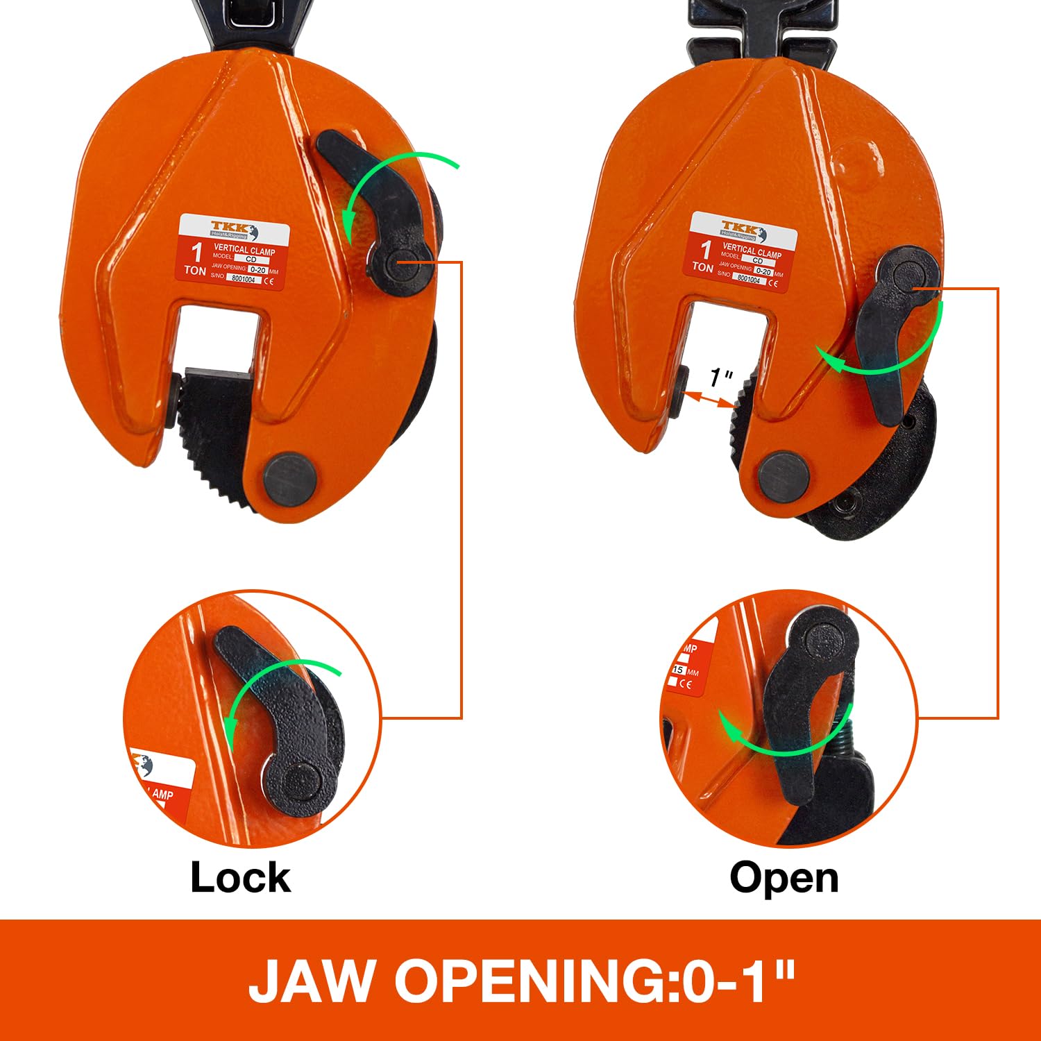 TKK 2200Lb (1 Ton) Heavy Duty Vertical Plate Lifting Clamp - 0.8 Inch Jaw Opening for Secure Steel Plate Handling - Ideal for Construction, Manufacturing & Material Transport