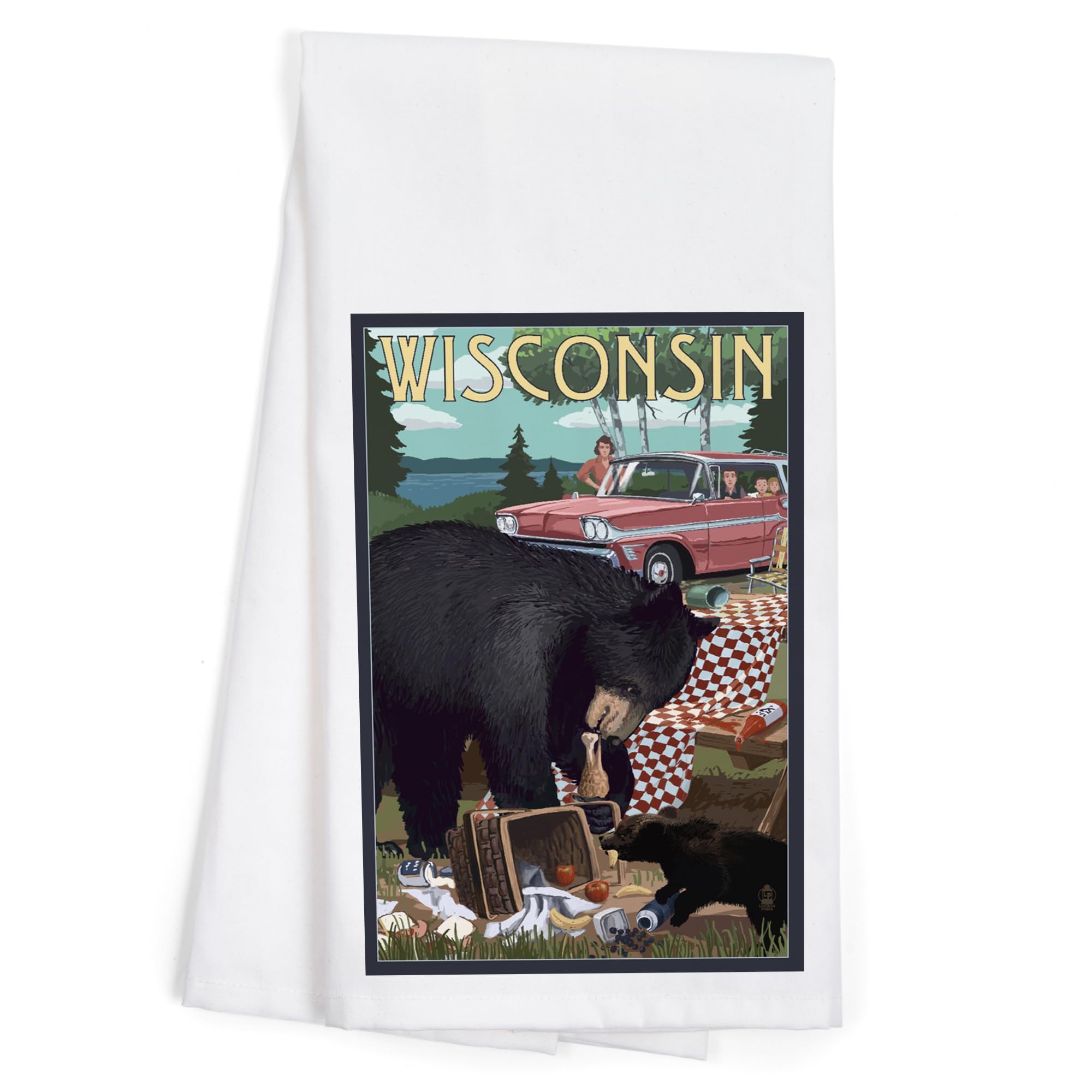 Lantern Press Wisconsin Bear and Picnic Scene Tea Towel - 100% Cotton Decorative Hand Towel for Kitchen, Home Decor & Gifts - Perfect for Camping, Picnics and Rustic Home Decor
