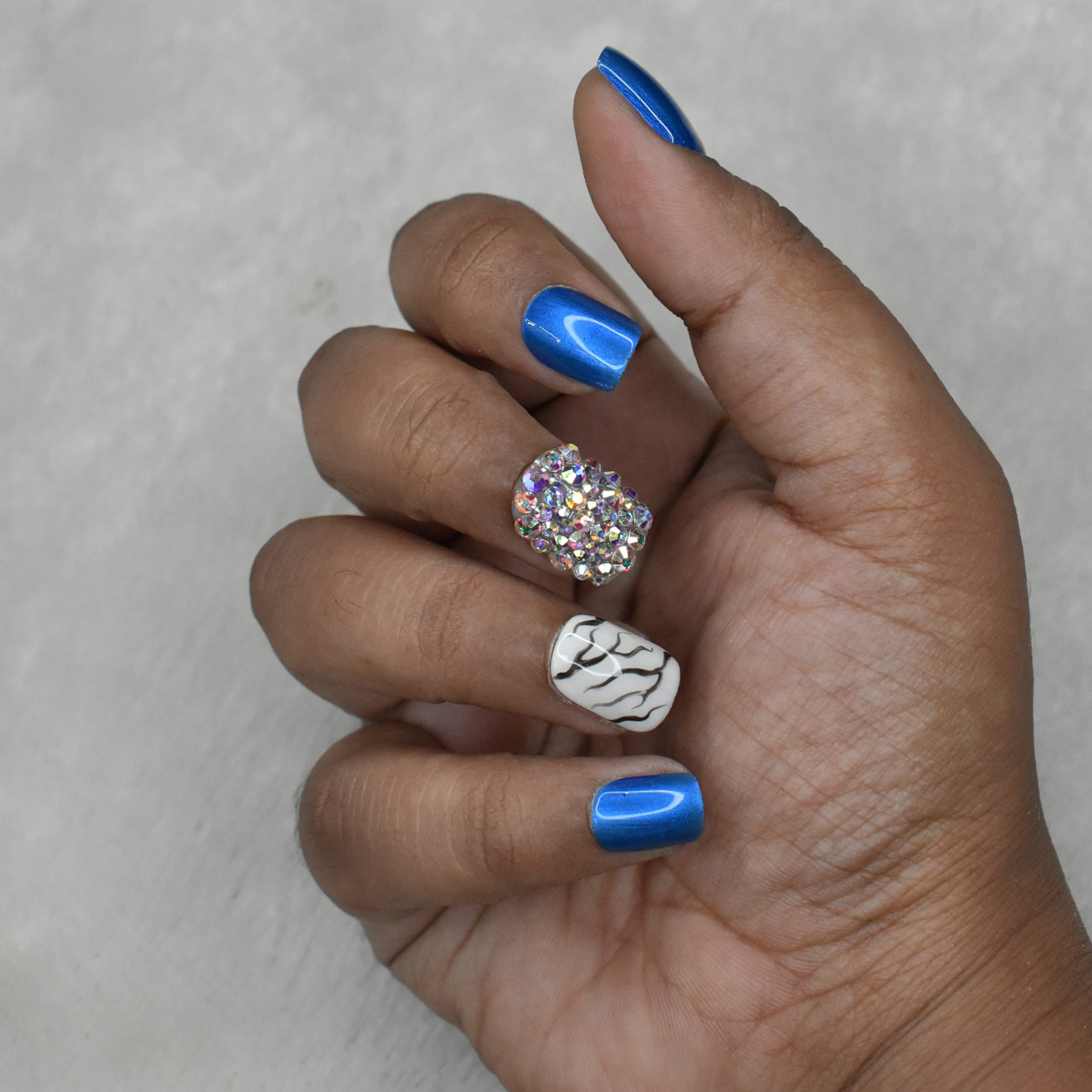 Glossy Electric Blue Marble Press On Nails with Studs - Square Fake Nails Set of 20 with Full Application Kit | Perfect for Parties, Weddings & Special Occasions
