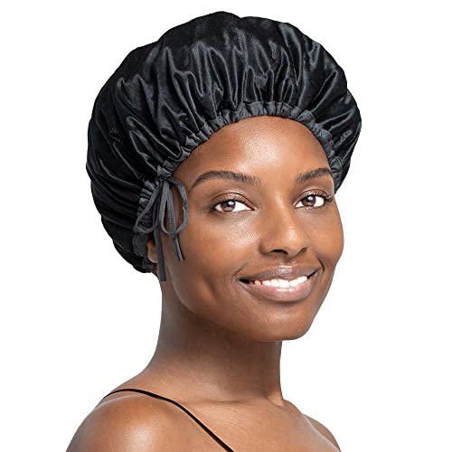 Stay On Satin Anti-Breakage Drawstring Bonnet for Hair Protection - Black | Perfect for Nighttime Hair Care & Natural Hair Maintenance