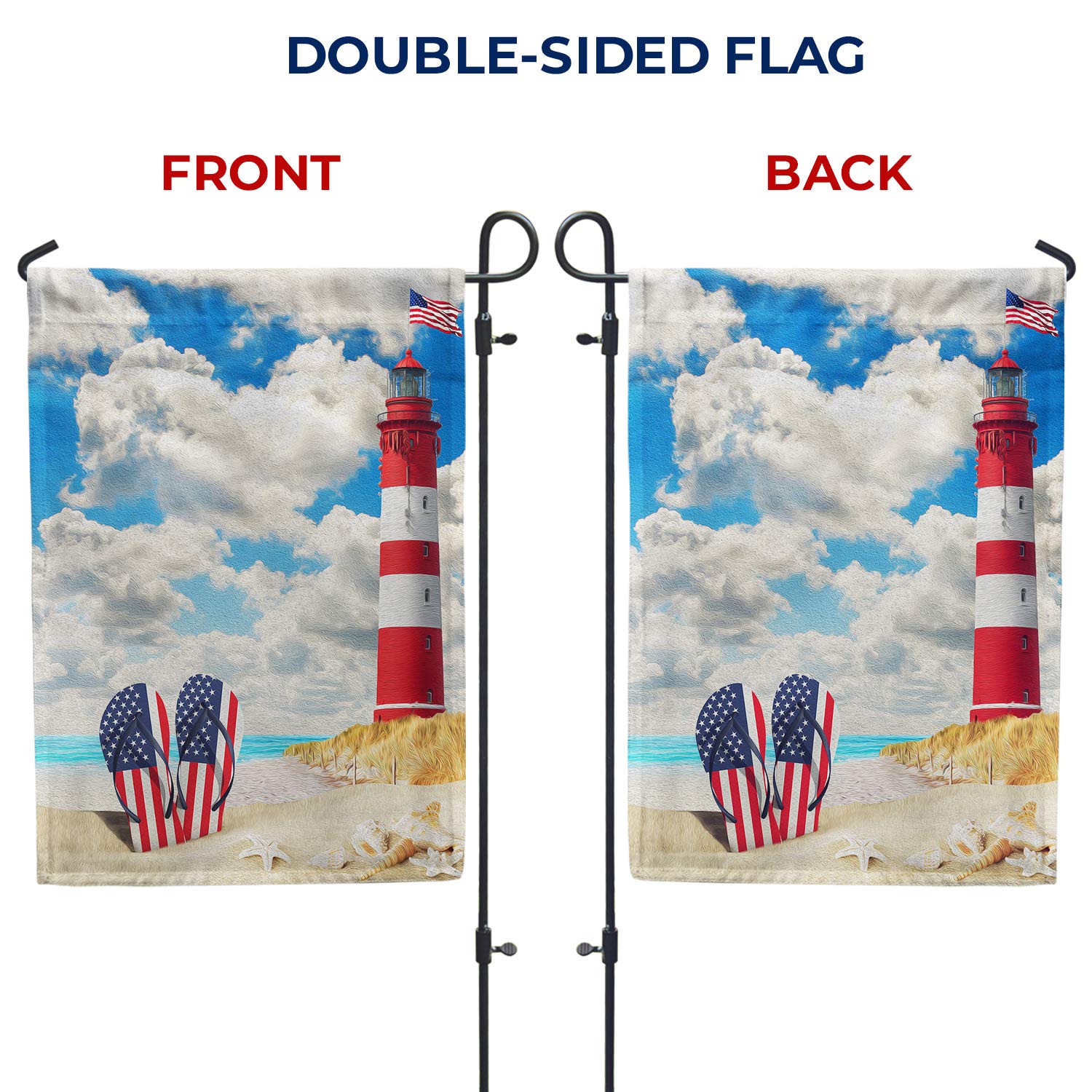 American Patriotic Flip Flops Summer Garden Flag – USA Beach Lighthouse Nautical Decor – Double-Sided Outdoor Yard Flag 12.5 x 18 Inches – Perfect for 4th of July, Memorial Day & Backyard BBQs