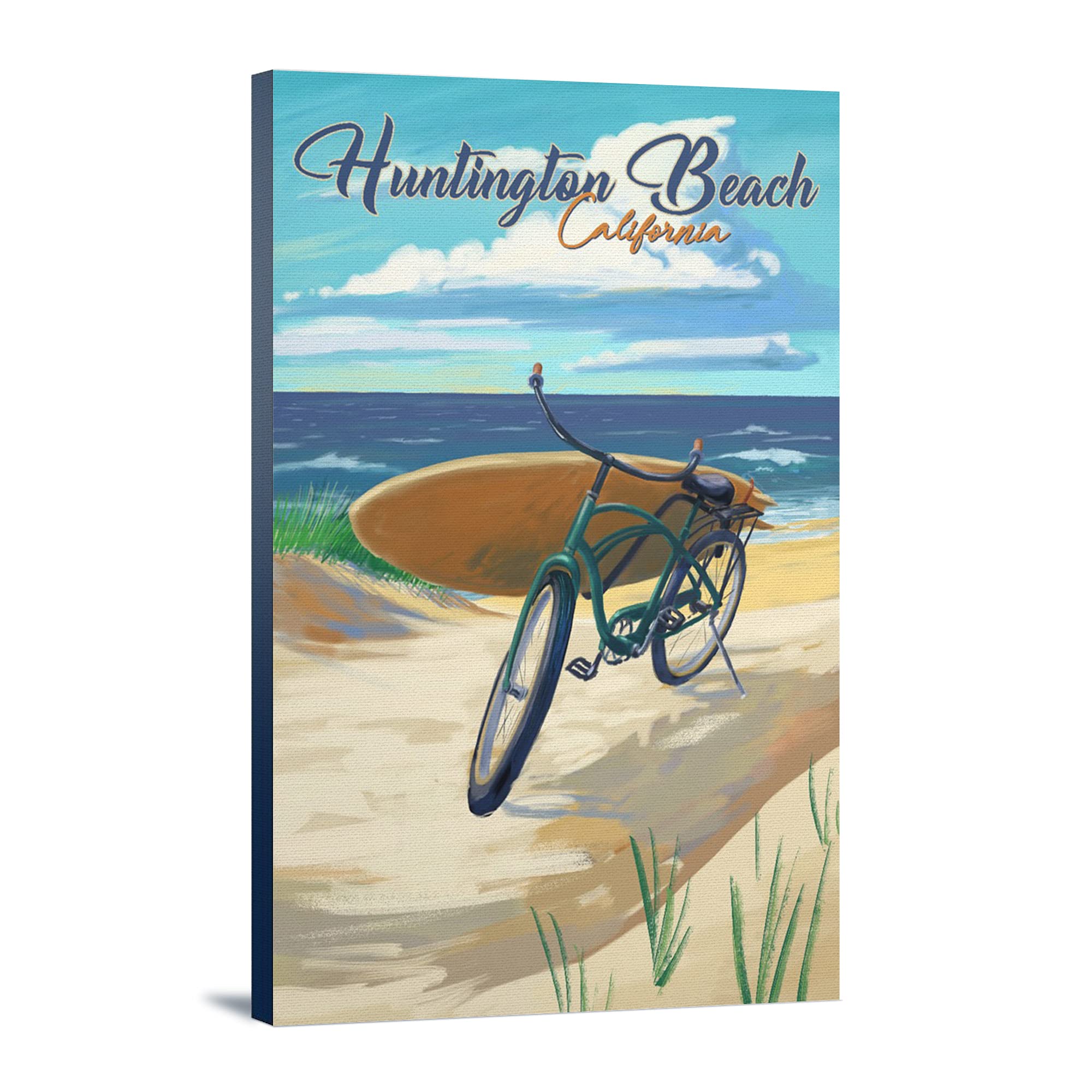 Lantern Press Huntington Beach California Wall Art - 12x18 Wrapped Canvas Beach Cruiser Painting, Coastal Decor for Living Room, Bedroom & Office