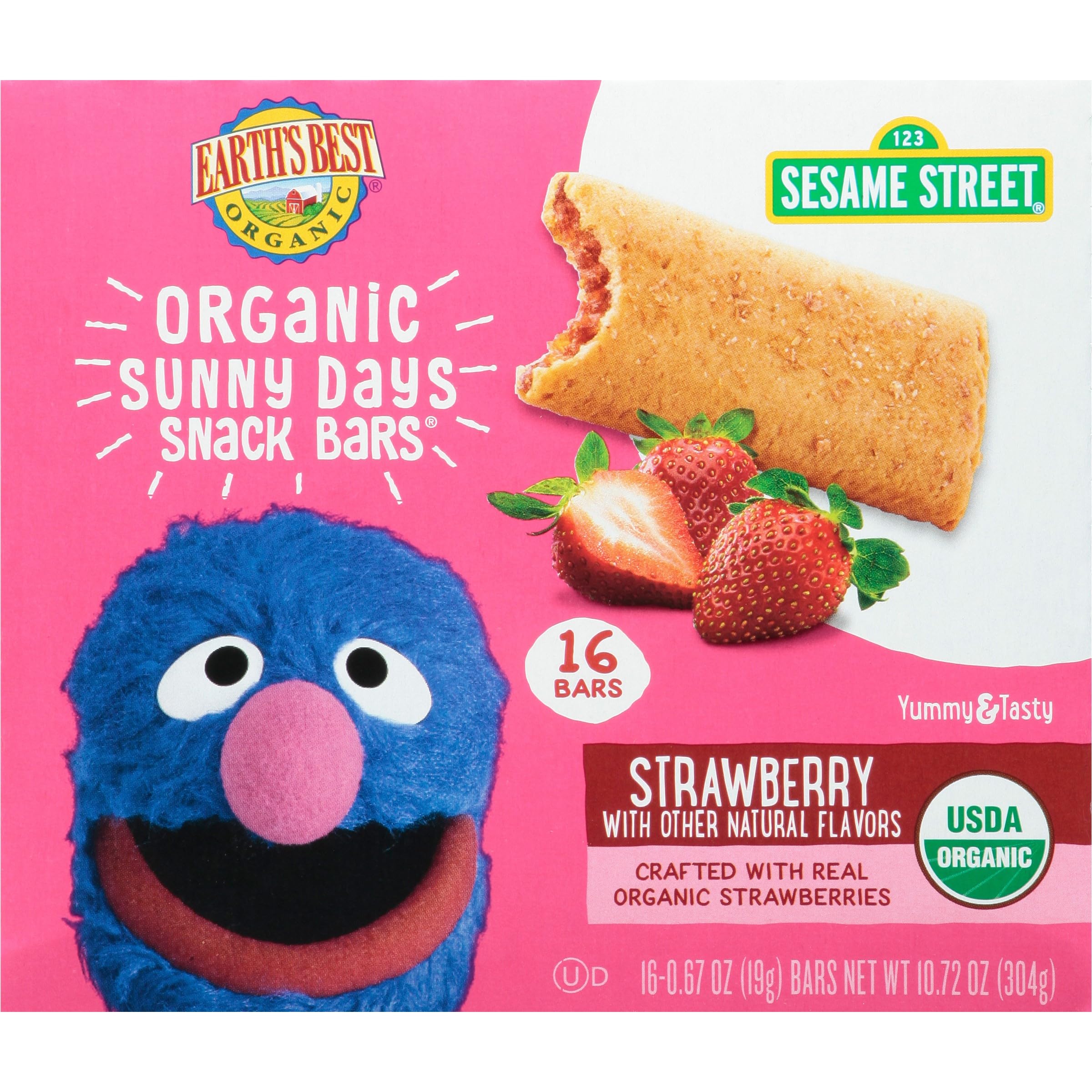 Earth's Best Organic Sunny Days Snack Bars for Toddlers 2+ Years - Strawberry Flavor with Natural Ingredients (16 Bars) | Healthy Sesame Street Toddler Snacks for Daycare, Travel & On-the-Go Nutrition