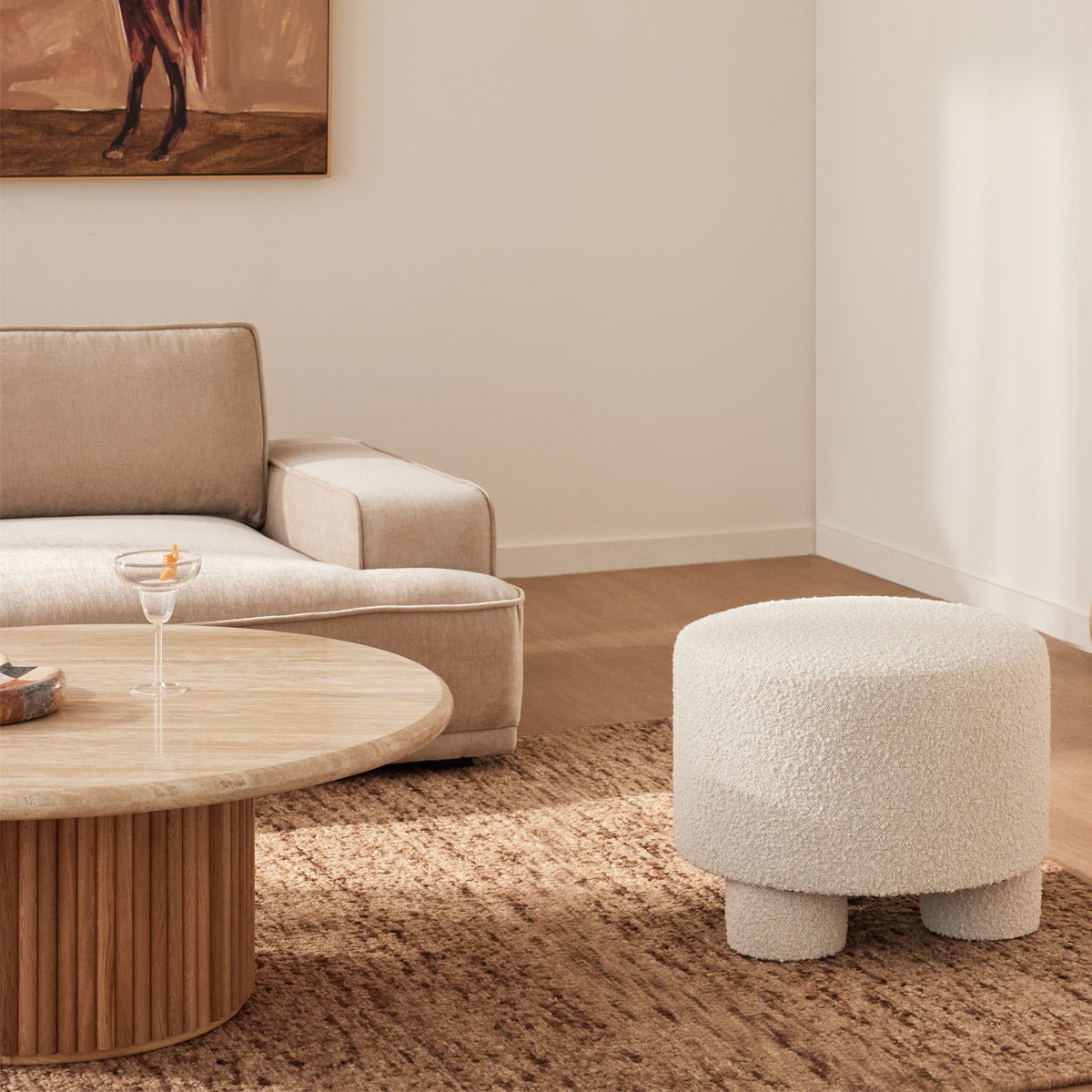 Faith Boucle Ottoman - Modern Round Storage Footrest Stool with Removable Cushion for Living Room, Bedroom & Office - Soft Upholstered Accent Furniture for Home Decor