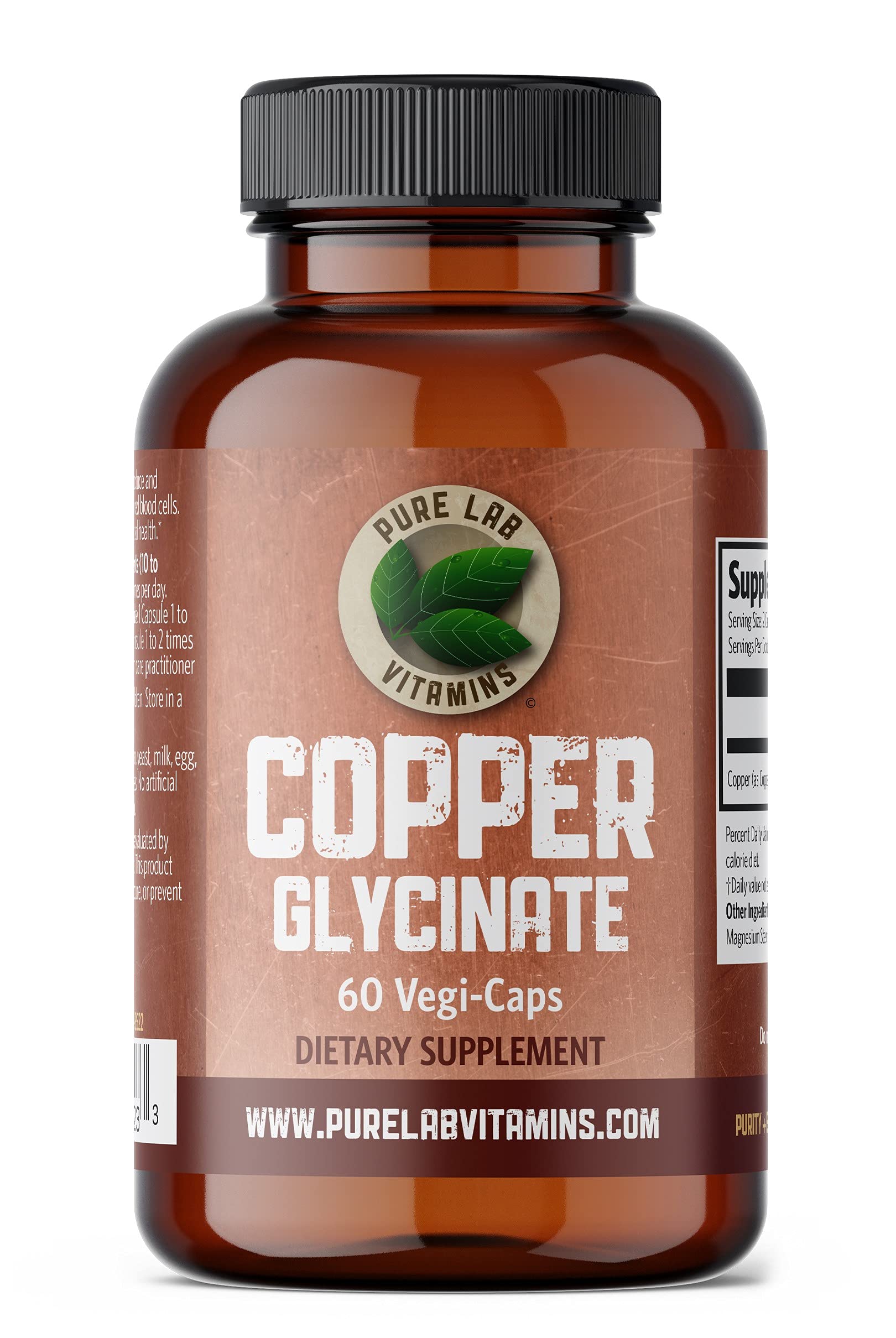Pure Lab Vitamins Copper Glycinate 1mg - 60 Vegan Capsules | Essential Mineral for Collagen Production, Immune Support & Red Blood Cell Formation | Gluten-Free, Non-GMO, Made in Canada | Daily Supplement for Energy & Skin Health