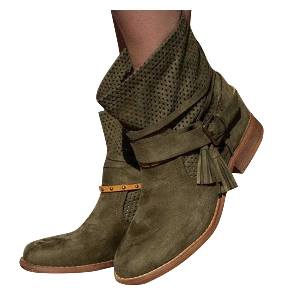 Women's Western Fringe Ankle Booties - Pointy Toe Flat Heel Chunky Boots with Stacked Heel for Casual Outfits & Fall Fashion