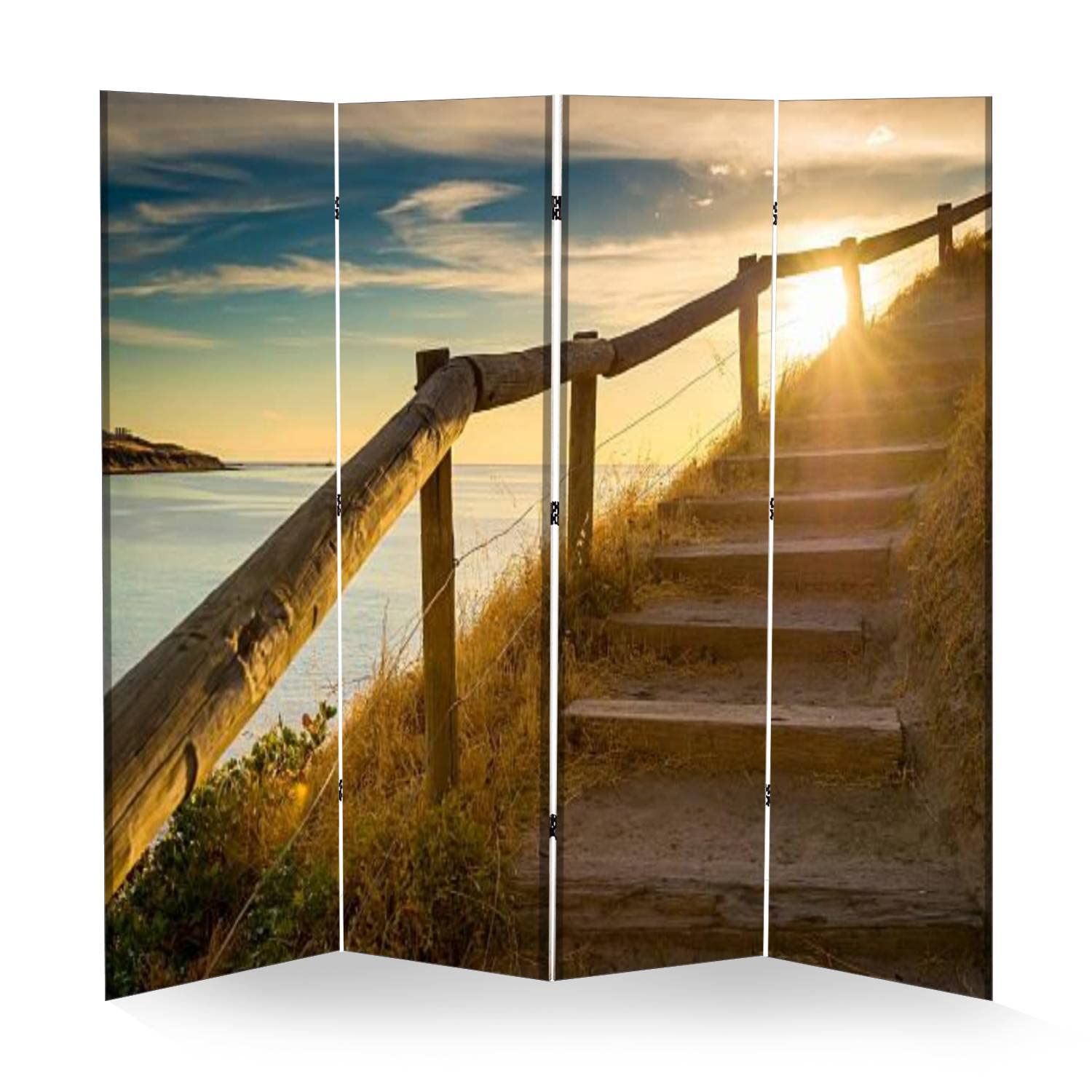 Wooden Folding Room Divider - 4 Panel Privacy Screen with Dual-Sided Canvas Design for Home & Office | Stairs to Heaven Pattern | Perfect for Room Partition, Indoor Display Shelves, and Decorative Space Separation