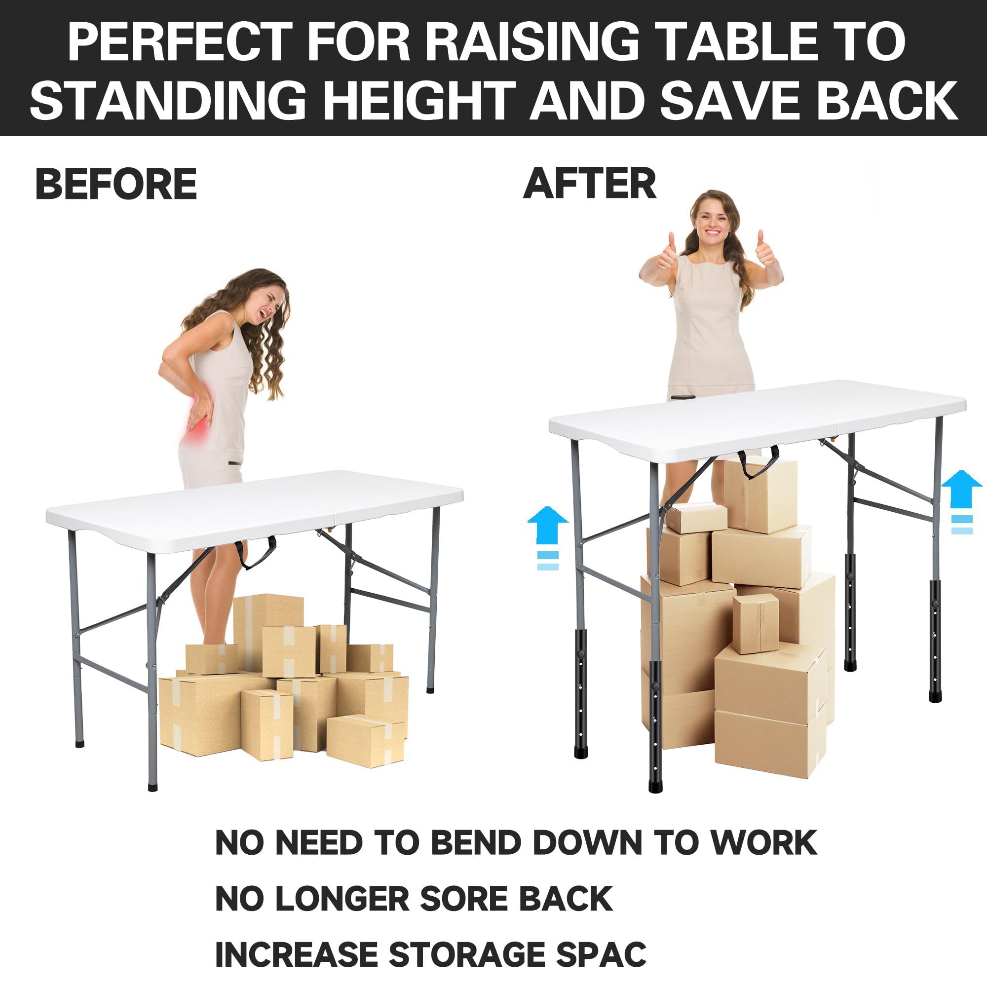 Heavy Duty Adjustable Steel Table Leg Extenders for Folding Tables - Compatible with Straight & Bent Legs - Raise Table Height Perfect for Dining, Workstations & Crafting Tables