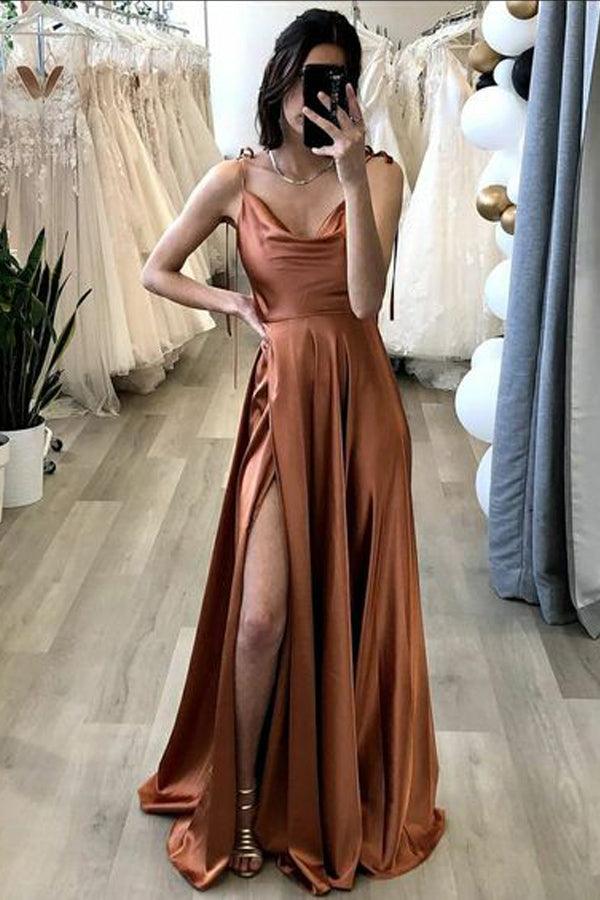 Elegant A-Line Brown Long Prom Dress with High Slit - Simple Evening Party Gown TP1102 for Homecoming, Wedding, Formal Events