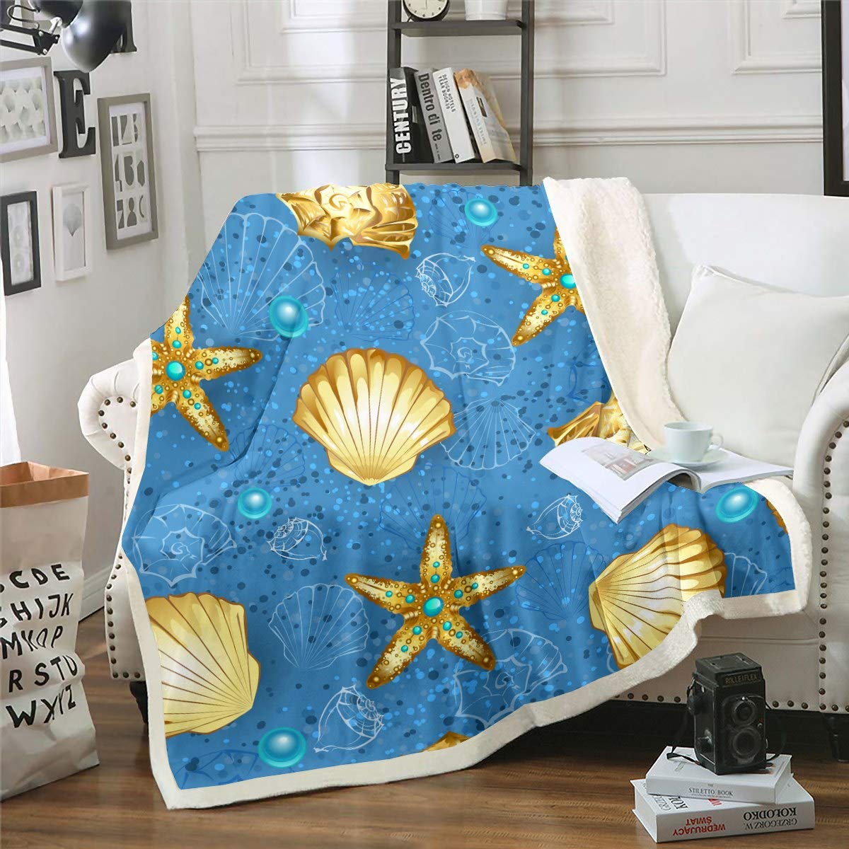 Feelyou Ocean Theme Sherpa Blanket - Soft Plush Throw Blanket for Kids & Adults with Starfish, Shell & Conch Designs - Marine Life Fuzzy Blanket 90