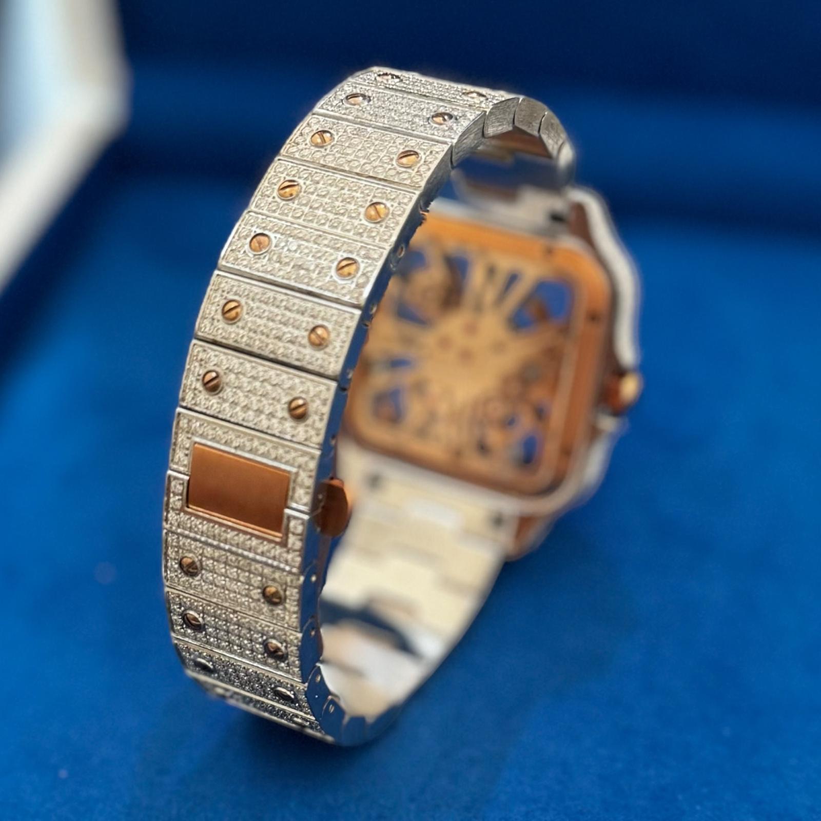 Two Tone Rose Gold Skeleton Dial Stainless Steel Moissanite Watch for Men - Luxury Waterproof Chronograph Wristwatch - Perfect for Formal Events, Business Meetings & Special Occasions