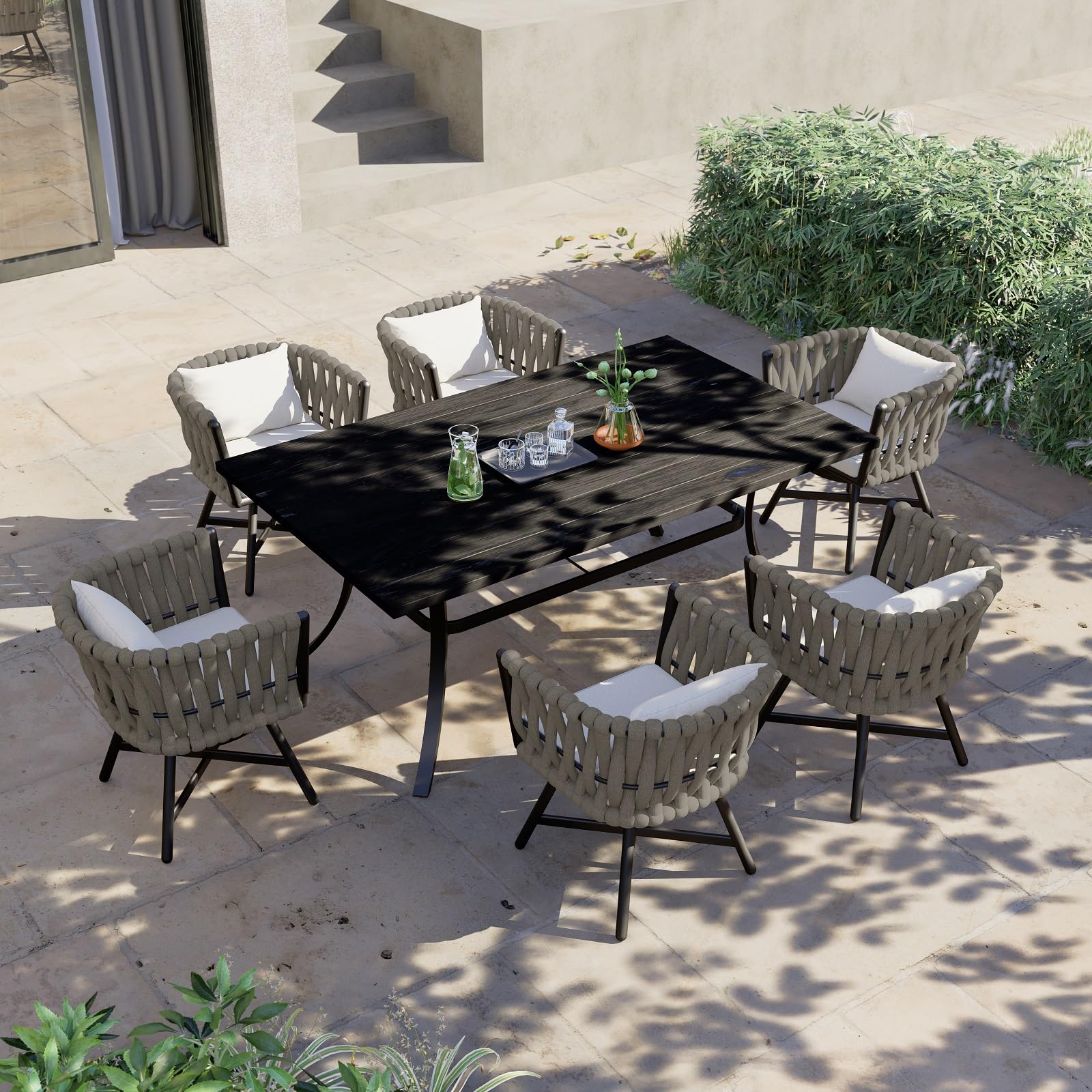 7-Piece Outdoor Dining Set for 6 with Swivel Rope Wicker Chairs & Rectangular Faux Wood Table - Grey Patio Furniture for Backyard, Garden, Poolside Dining