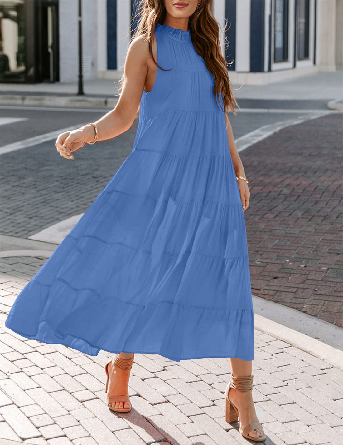 HAEOF Women's Summer Sleeveless Halter Maxi Dress - Flowy Pleated Tiered Beach Sundress for Vacation, Party, and Casual Wear | Lightweight Breathable Long Dress for Women