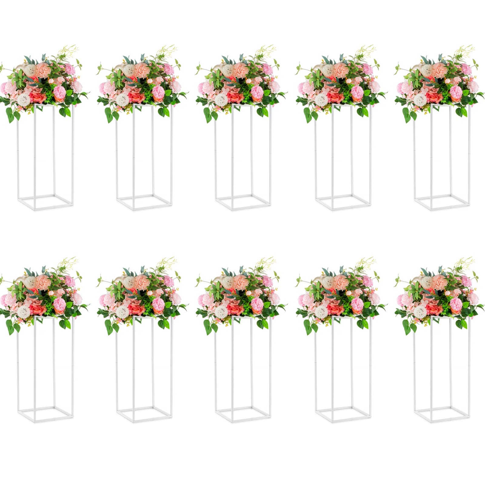 NUPTIO 10-Pack 23⅝ Inch Tall White Metal Wedding Table Centerpieces - Geometric Flower Vase Columns for Party Decorations, Bridal Showers, Banquets & Home Decor