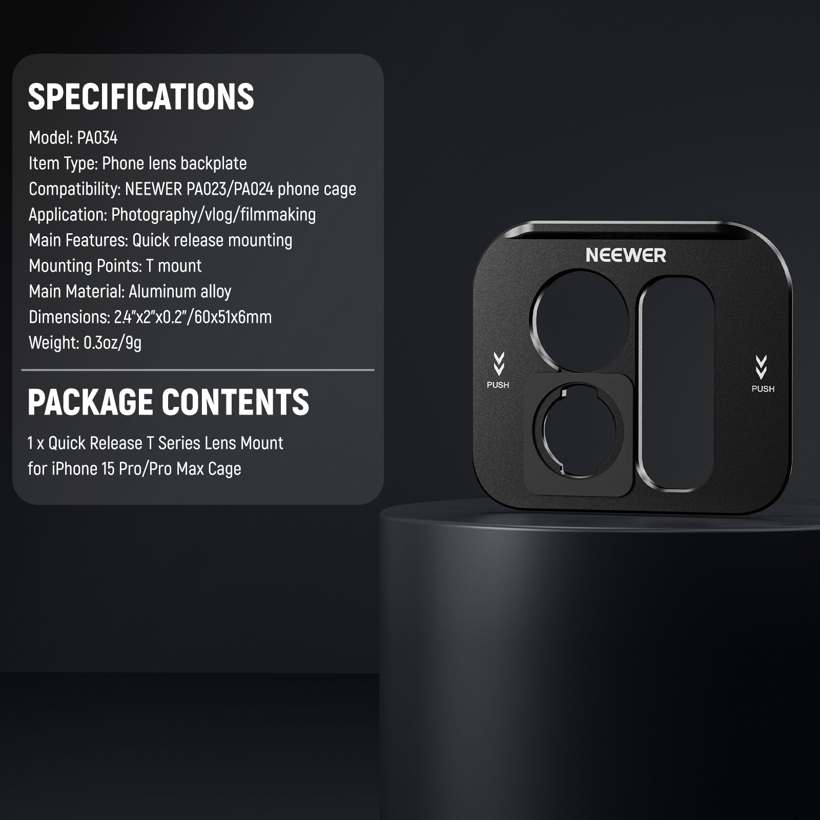 NEEWER PA034 T Series Lens Backplate for iPhone 15 Pro & Pro Max Camera Cage - Perfect for Vlogging, Filmmaking & Mobile Photography