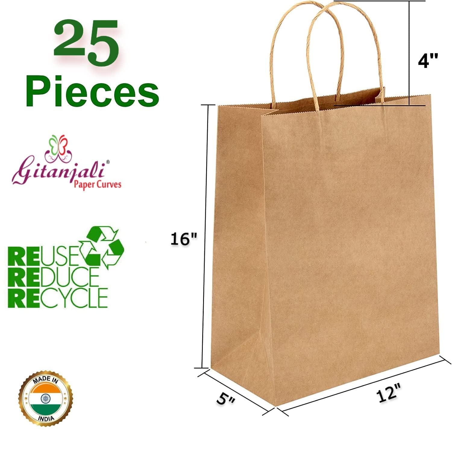 Eco-Friendly Kraft Paper Bags 12x5x16 Inches (25 Pack) - Brown Disposable Shopping Bags for Retail, Grocery, Takeout & Gift Packaging | Sustainable Carry Bags for Stores, Parties & Eco-Conscious Businesses