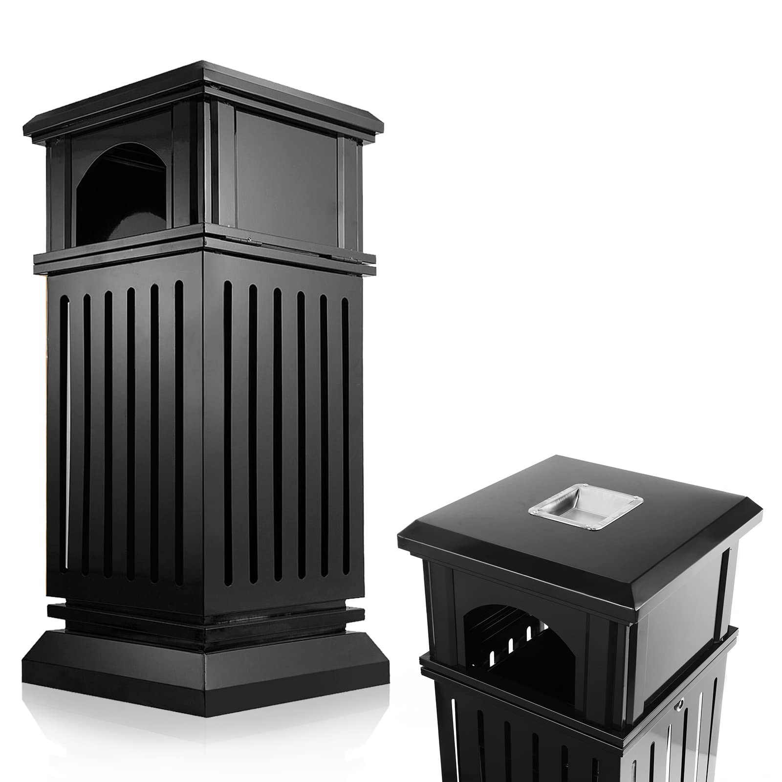 IRONWALLS Commercial Trash Can with Lid - 50 Gallon Black Outdoor Garbage Bin, Heavy-Duty Steel Square Waste Container with Side Opening & Removable Inner Bucket for Patio, Park, Garden, Restaurant, and Commercial Use - Weather-Resistant Decorative Trash Bin for Outdoor Spaces
