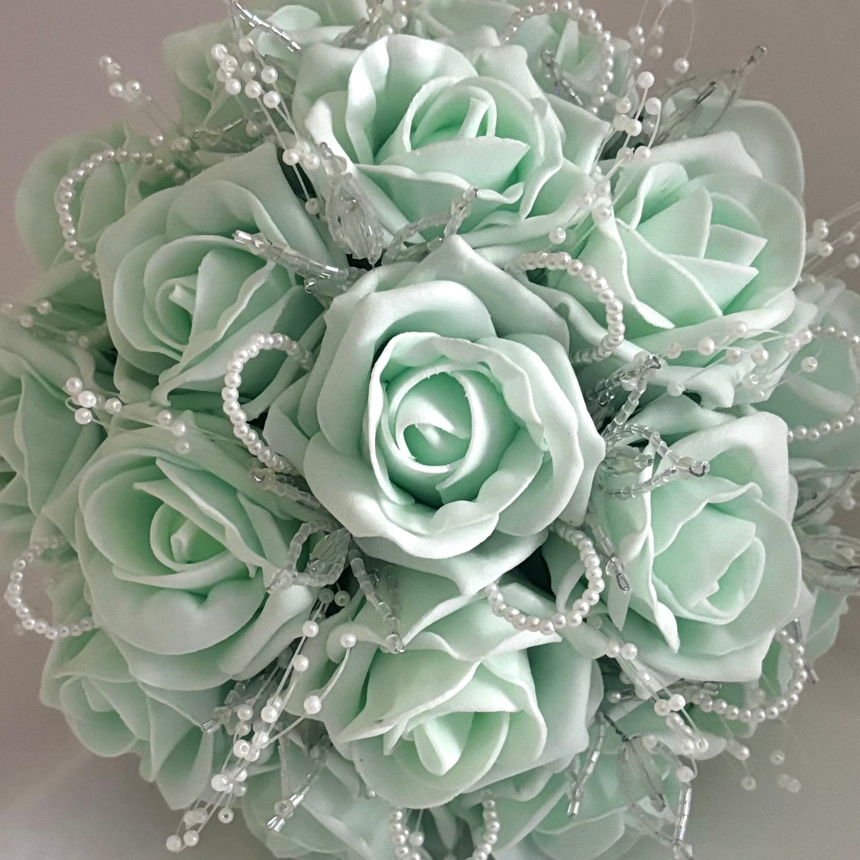 Elegant Mint Green Wedding Bouquet - Artificial Silk Roses with Crystals & Pearls for Bridal Bouquet, Bridesmaids, Wedding Centerpieces & Home Decor