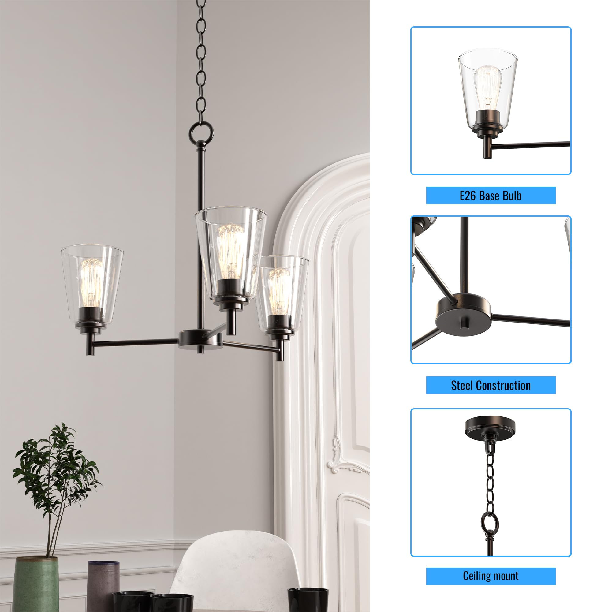 LEDMyplace 3-Light Flared Island Chandelier - Clear Glass Shade, Oil Rubbed Bronze Finish, E26 Base - Modern Farmhouse Pendant Lighting for Kitchen Island, Dining Room & Living Room (Bulb Not Included) | Perfect for Home Decor, Open Concept Spaces & Rustic Interiors