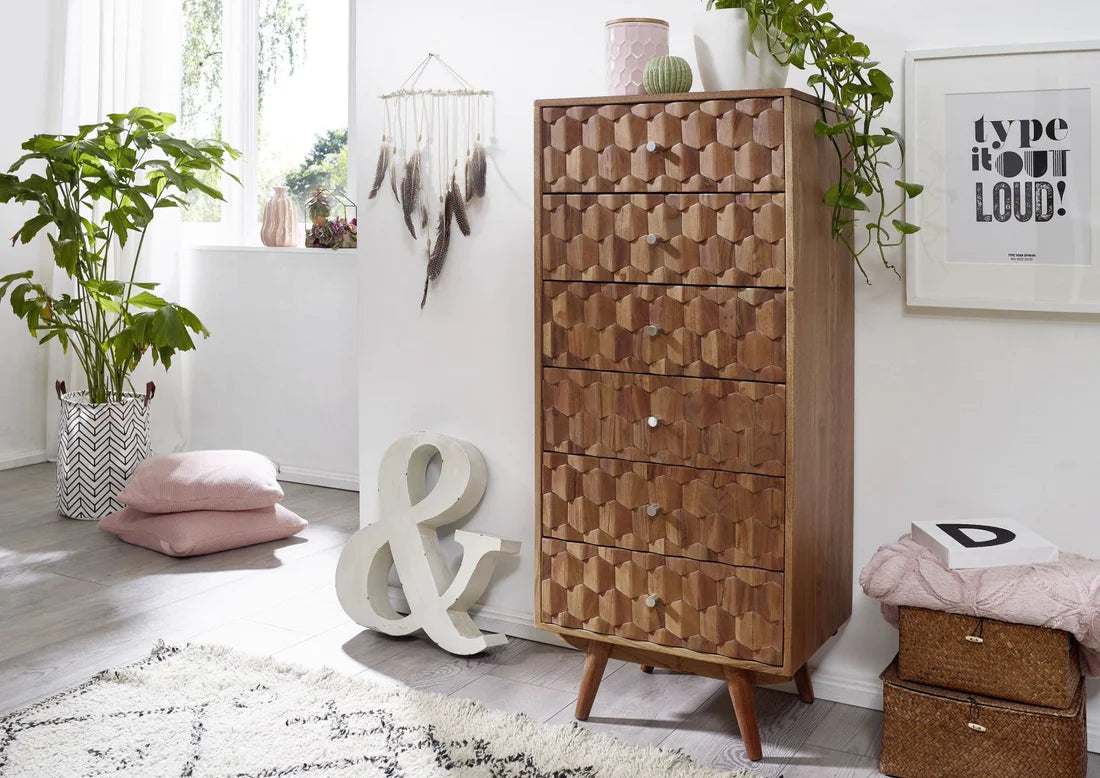Gfine 6-Drawer Solid Acacia Wood Dresser 53x42x128cm - Perfect for Bedroom Storage & Closet Organization