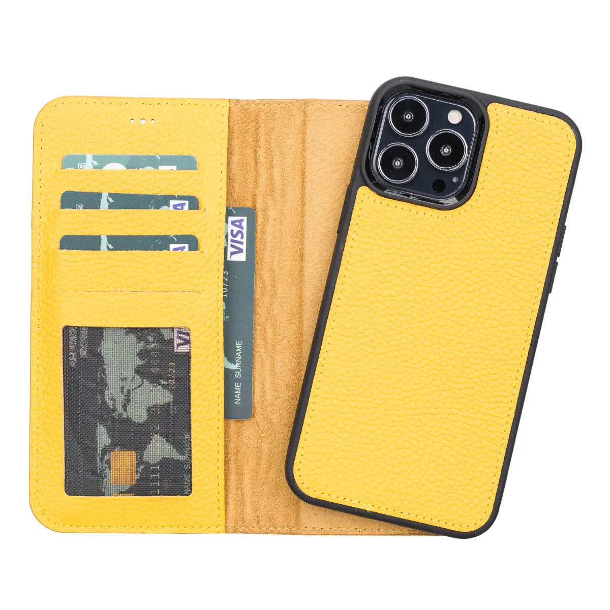 Premium Yellow Leather Wallet Case for iPhone 13 Pro Max - Slim Protective Cover with Card Slots | Perfect for Everyday Use, Travel & Business (2023 Model)