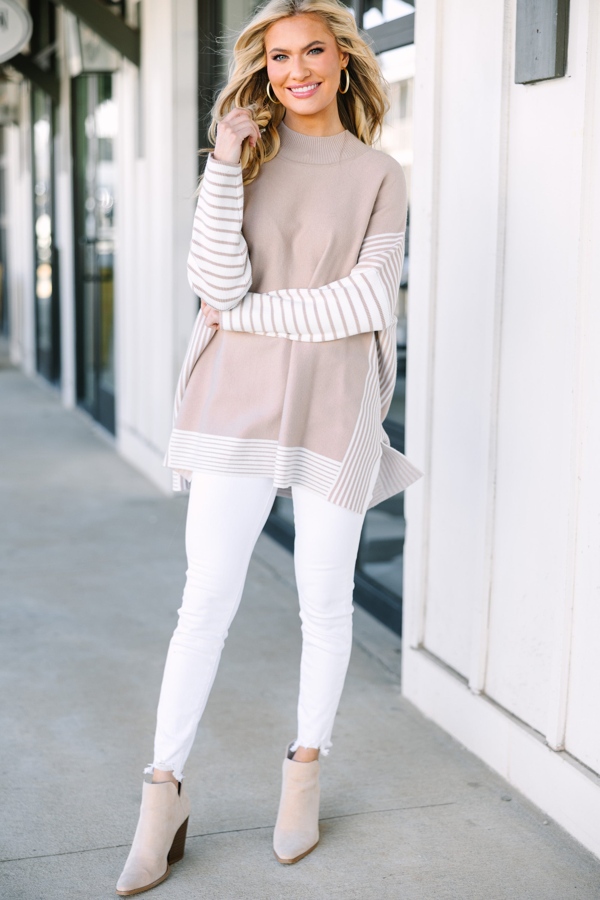 Stylish Taupe Brown Striped Tunic for Women - Comfortable All-Day Wear for Office, Casual Outings & Travel