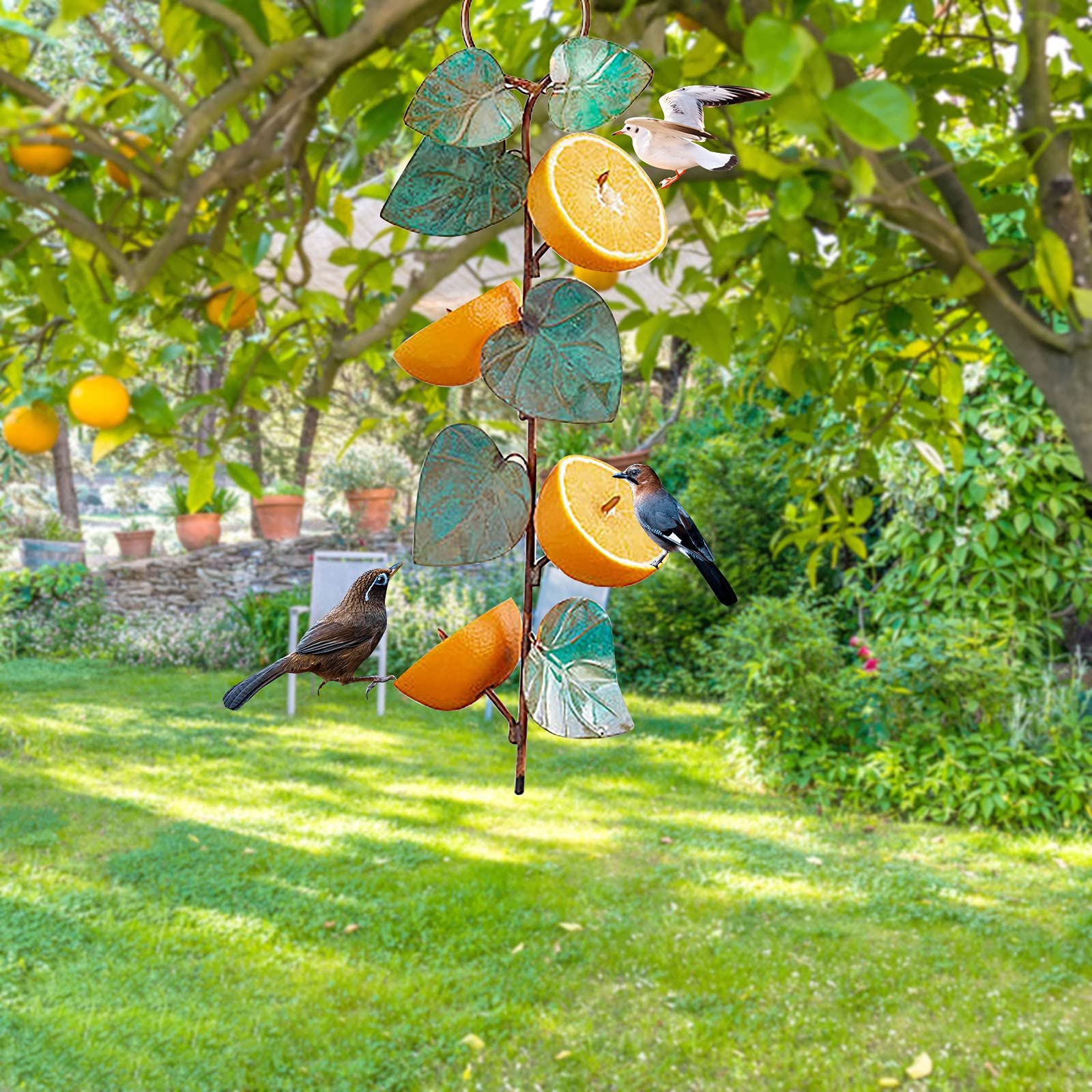 FOUTTUE Premium Hanging Wild Bird Feeder - Outdoor Hummingbird Feeder with Metal Food Bowl - Durable Garden Art Fruit Design for Courtyard Decoration (G) - Attract Birds to Your Backyard or Patio