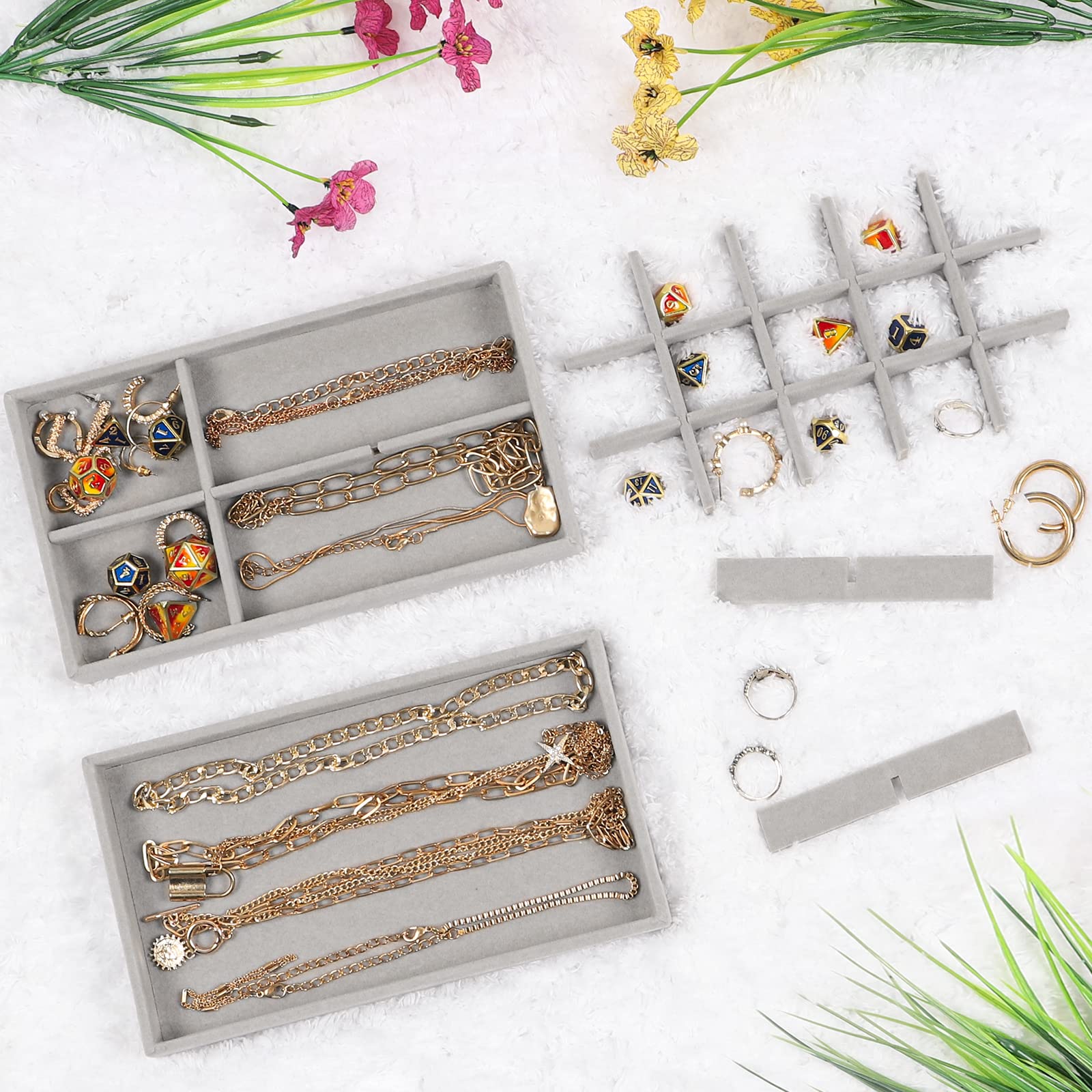 STYLIFING 6-Pack Velvet Jewelry Organizer Trays - Stackable Jewelry Display Case for Dresser Drawer | Ring, Earring, Necklace & Bracelet Holder | Perfect for Bedroom, Closet & Travel Organization