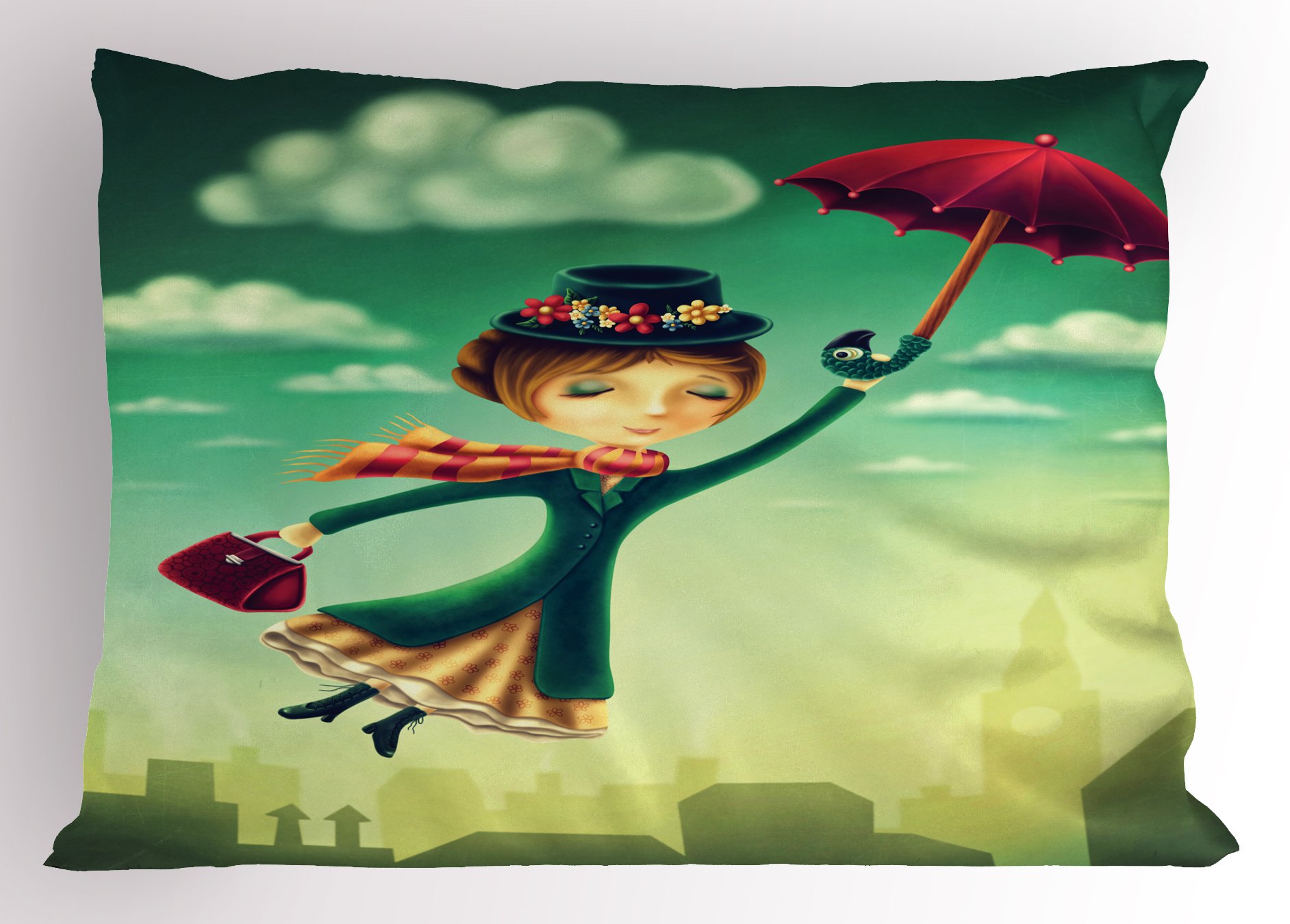 Ambesonne Fantasy Pillow Sham - Cartoon Nanny Flying Over London Skyline with Umbrella & Bag, Decorative Standard Size Printed Pillow Cover 26x20 Inches, Multicolor - Perfect for Kids' Rooms, Nursery Decor & Whimsical Home Accents