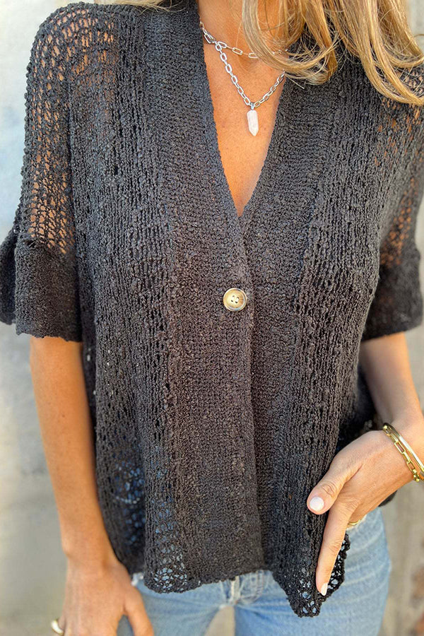 Solid Color Hollow Sleeve V-Neck Button Knitted Cardigan for Women - Lightweight Summer Cover Up for Office, Beach & Casual Outfits